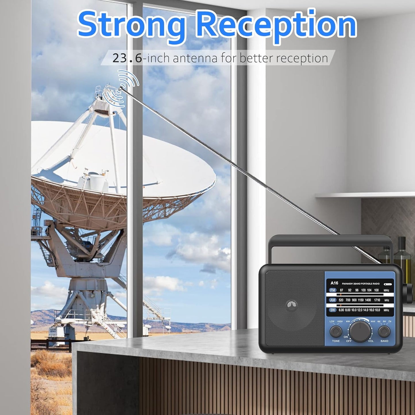 Greadio AM FM Radio with Big Knob, FM Radio Ease for Use, Battery Powered Portable Shortwave Radio with Integrated Speakers, AM FM Radio & AC Power Cord, Blue
