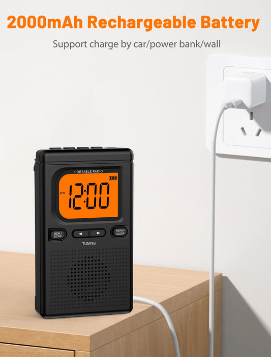 Bluetooth Portable AM FM Radio, Pocket Radio with Digital Tuning, Rechargeable AM FM Radio with Earphone Jack, Flashlight, LCD Screen,