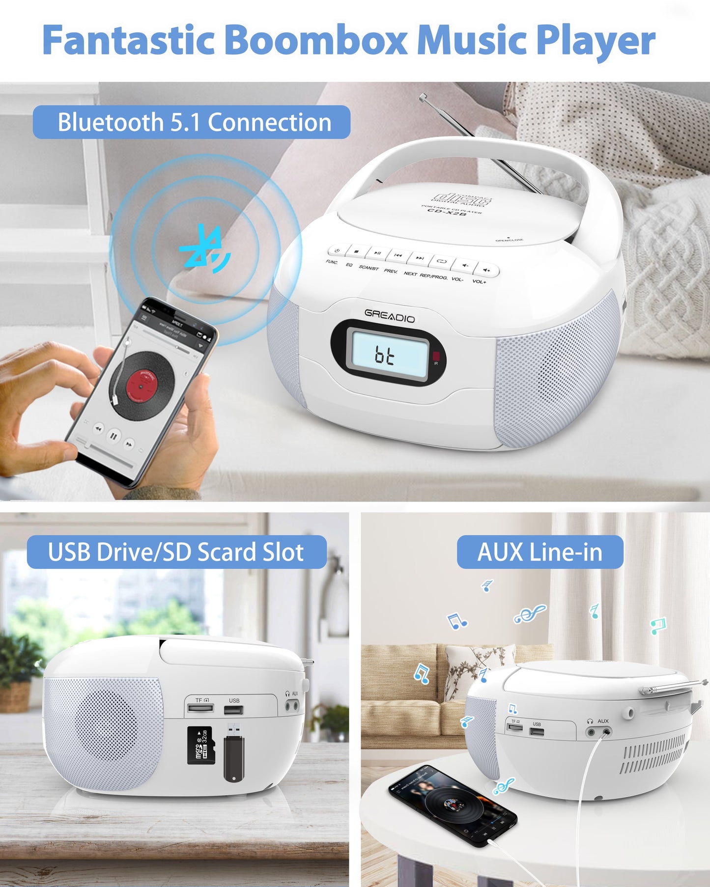 Greadio Boomboxes, CD Boombox, CD Player Boombox, Portable FM Radio CD Player with Bluetooth 5.1, LCD Display, AC Cord/Dry Battery Operation, TF/USB/AUX Port for Home,Senior,Kids