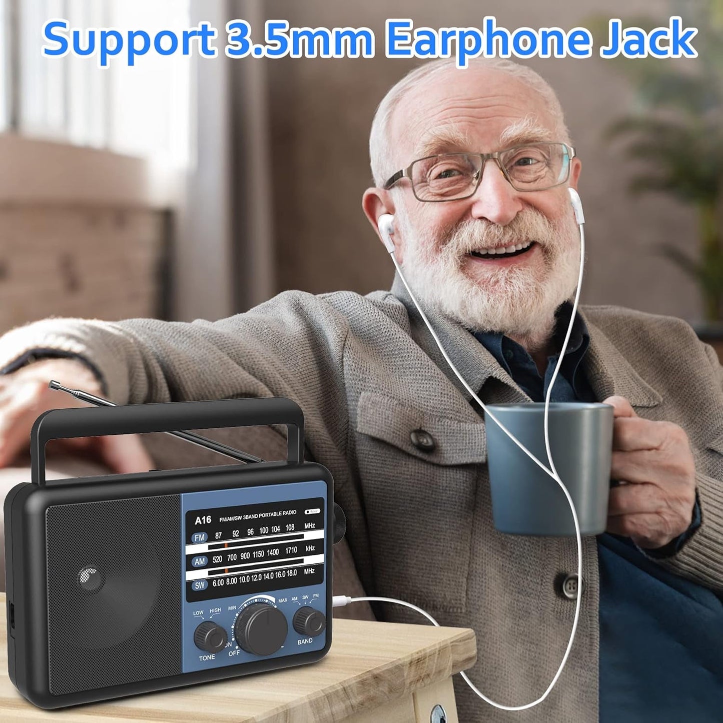 Greadio AM FM Radio with Big Knob, FM Radio Ease for Use, Battery Powered Portable Shortwave Radio with Integrated Speakers, AM FM Radio & AC Power Cord, Blue