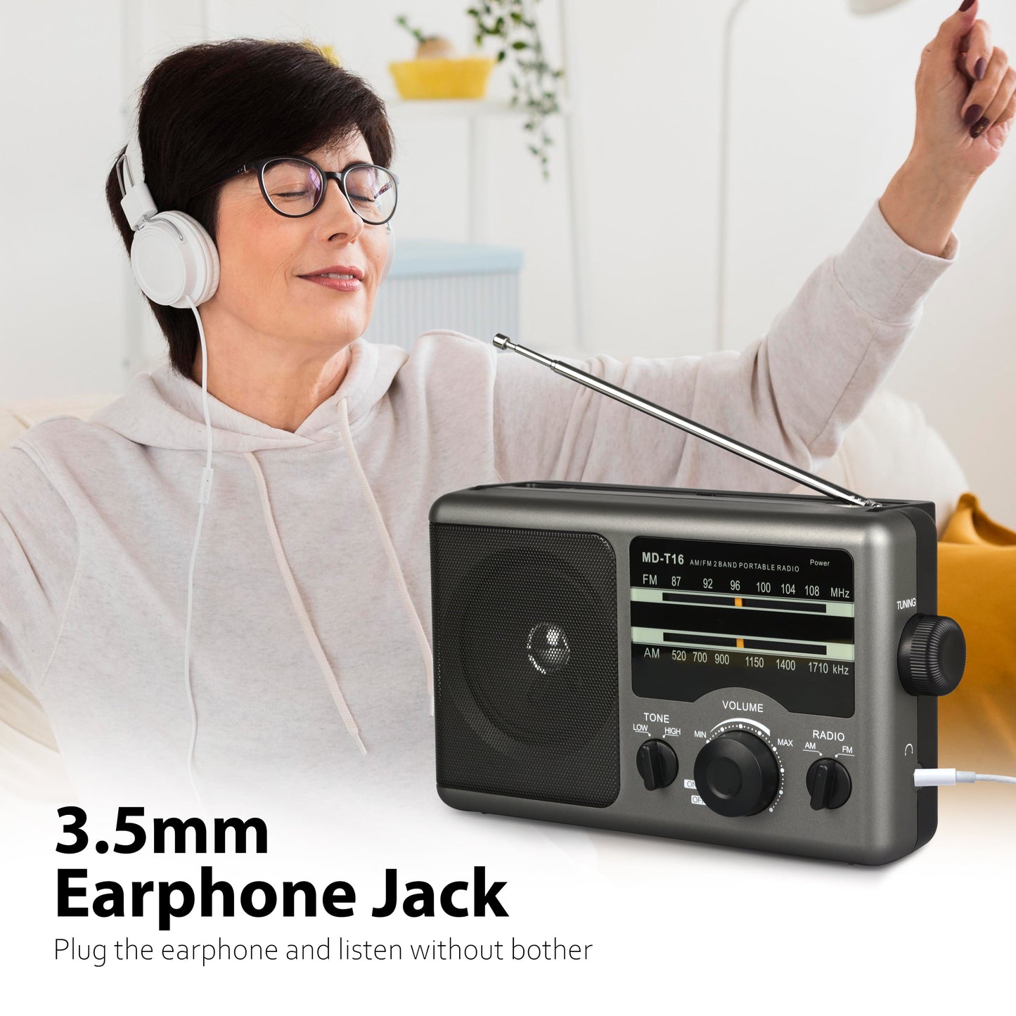 Greadio Portable AM FM Radio with Big Knob, AM FM Radio Easy Operation for Senior,Elderly