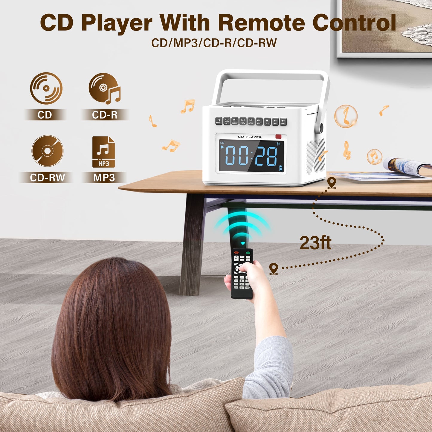 Greadio New 5000mAh Rechargeable CD Player Boombox with Alarm Clock and Time Display, Portable CD Player with Bluetooth Transmitter, Radio CD Player with Remote, AUX/TF/USB for Outdoor, Gift