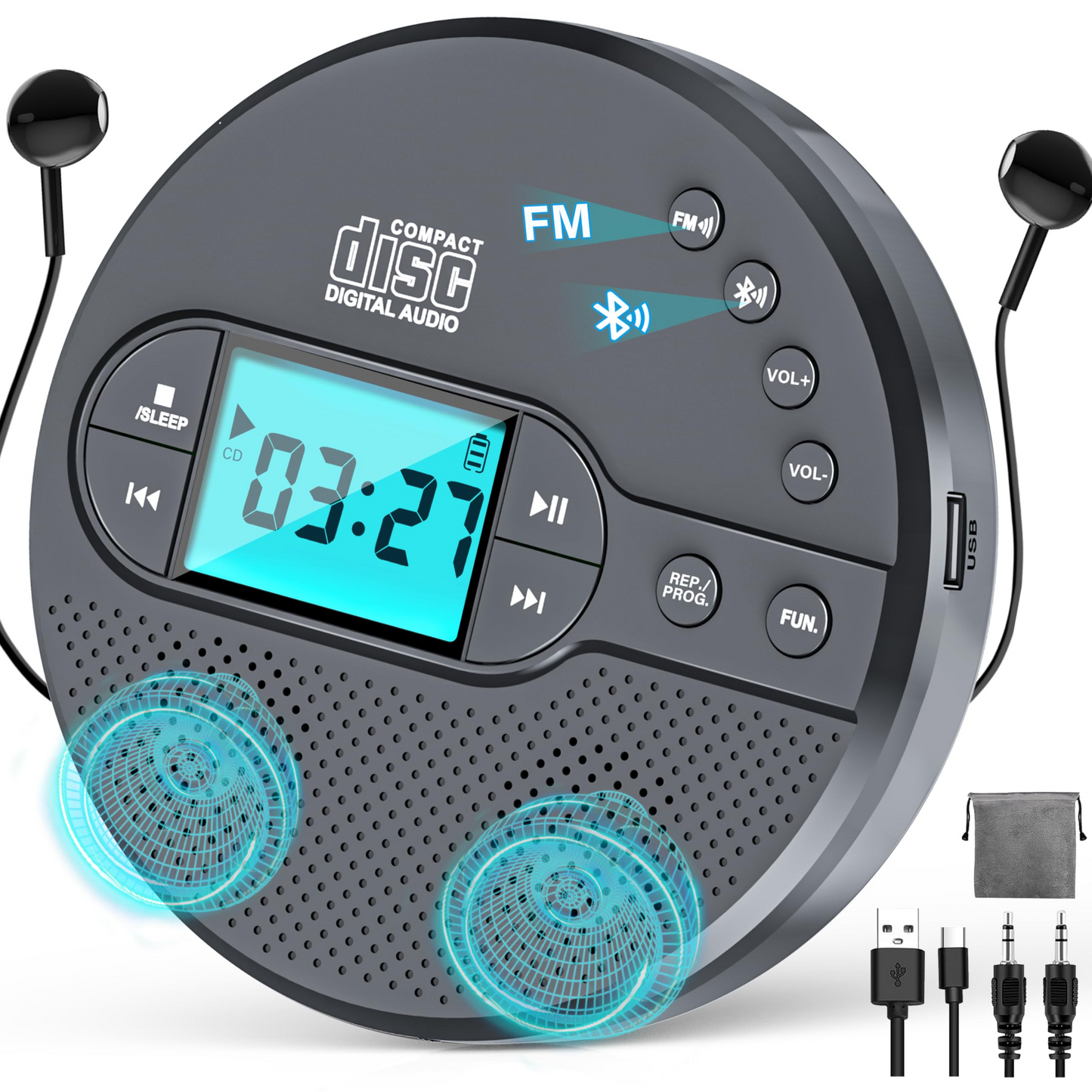 Portable CD Player with Bluetooth, CD Player for Car with USB Port, for Adult, Jogging