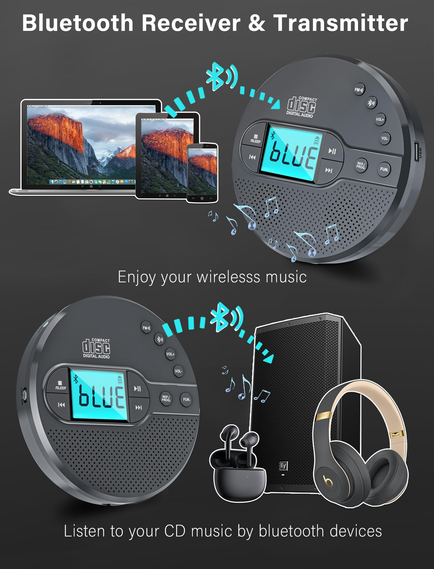 Portable CD Player with Bluetooth, CD Player for Car with USB Port, for Adult, Jogging