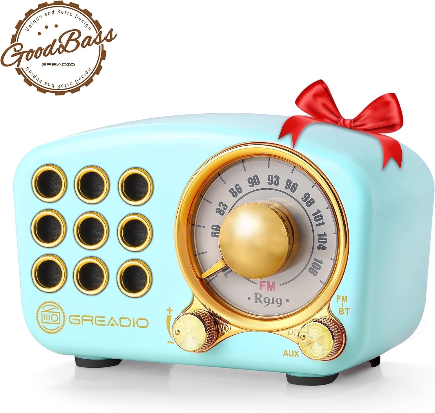 Greadio Retro Bluetooth Speaker, Portable AM/FM Radio, Battery, Volume Control, Blue, 4 Pack