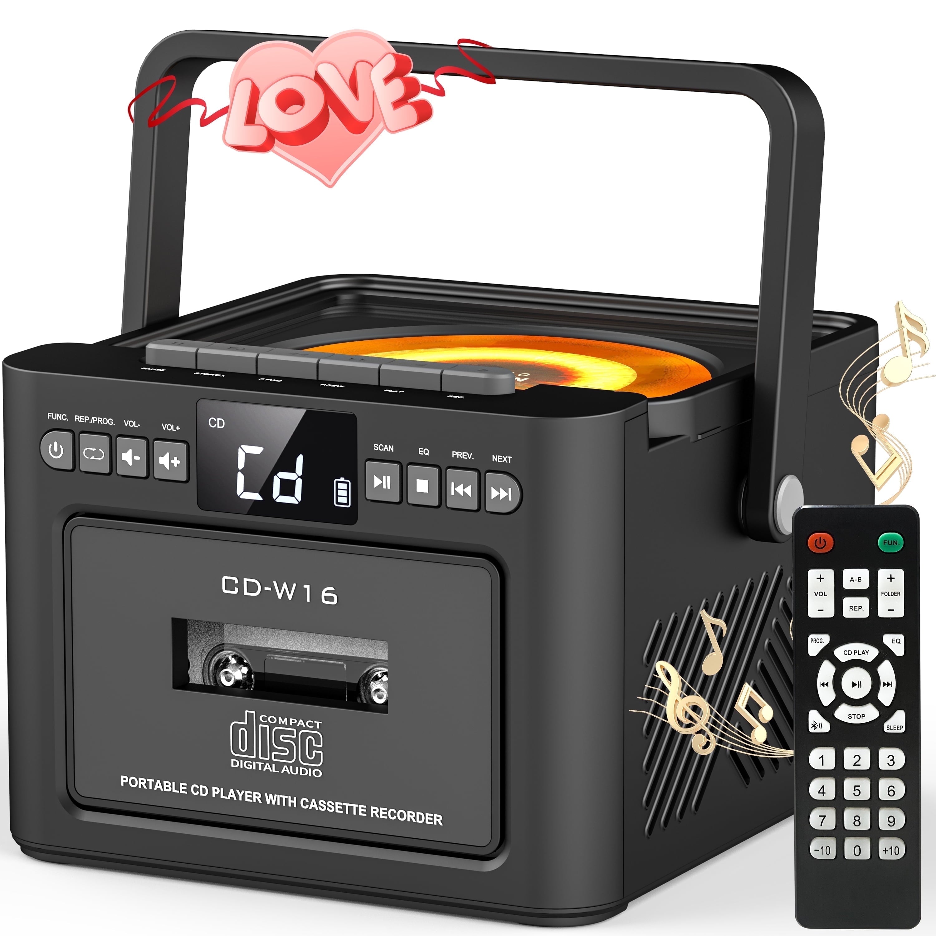 Greadio CD Player Portable Boombox with Type-C Charging Cord & Remote, Cassette Player, Bluetooth 5.1, Black, New 1 Pack