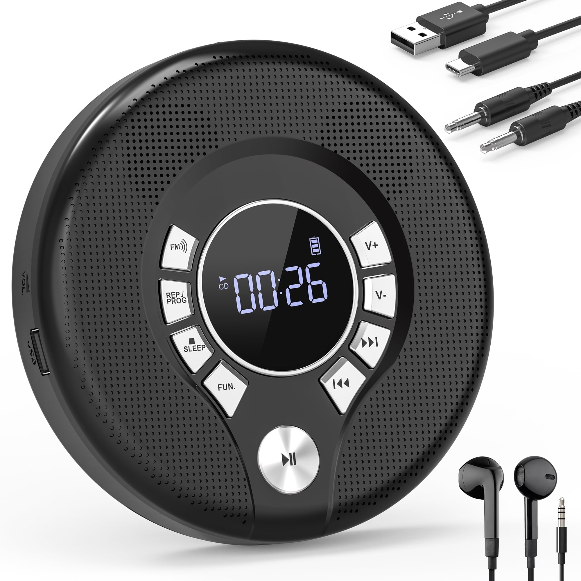 Portable CD Player, Walkman CD Player for Car, Rechargeable CD Player with USB Playback, A-B Repeat CD Player for Kids