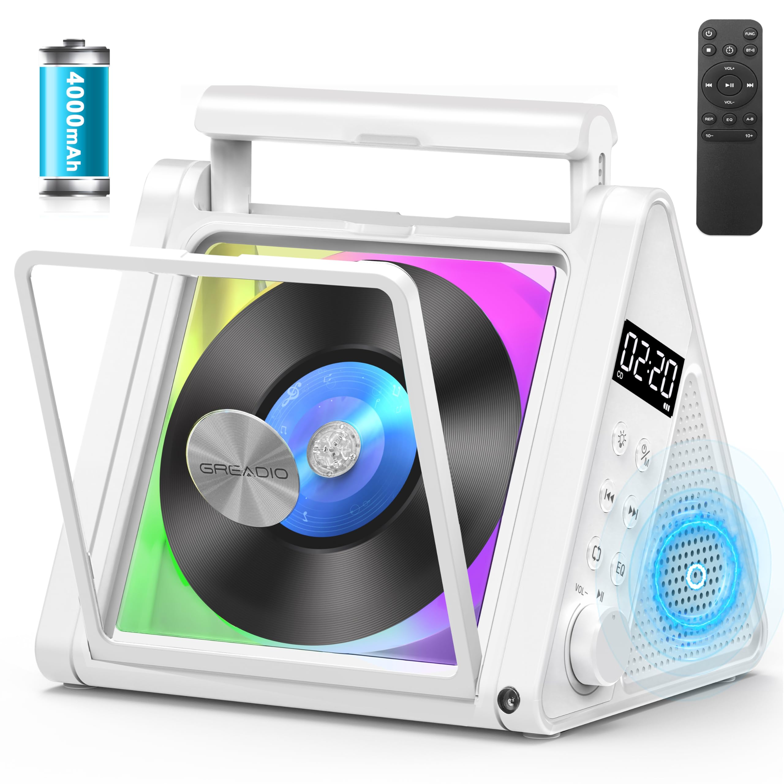 Greadio Portable CD Player with 20W Speaker, 4000mAh Rechargeable Bluetooth CD Player with Battery,Triangle Design Speaker with Remote Control