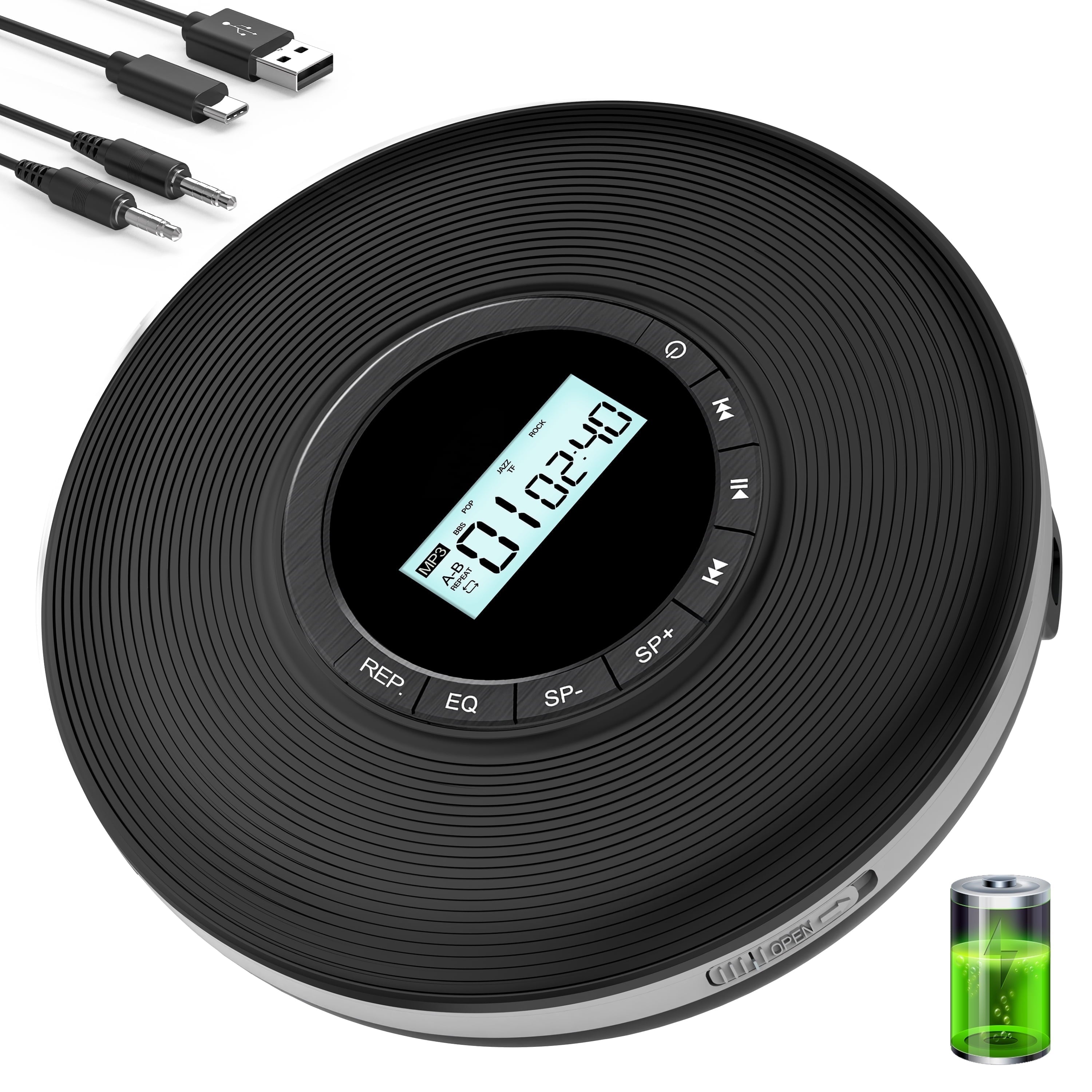 Greadio CD Player for Car, CD Walkman Player Easy to Carry and Use,Portable CD Players for Car, Personal Discman CD Player with Anti-Skip,Aux-Out Cable/TF Slot,2*AA Batteries or Type-C Supply