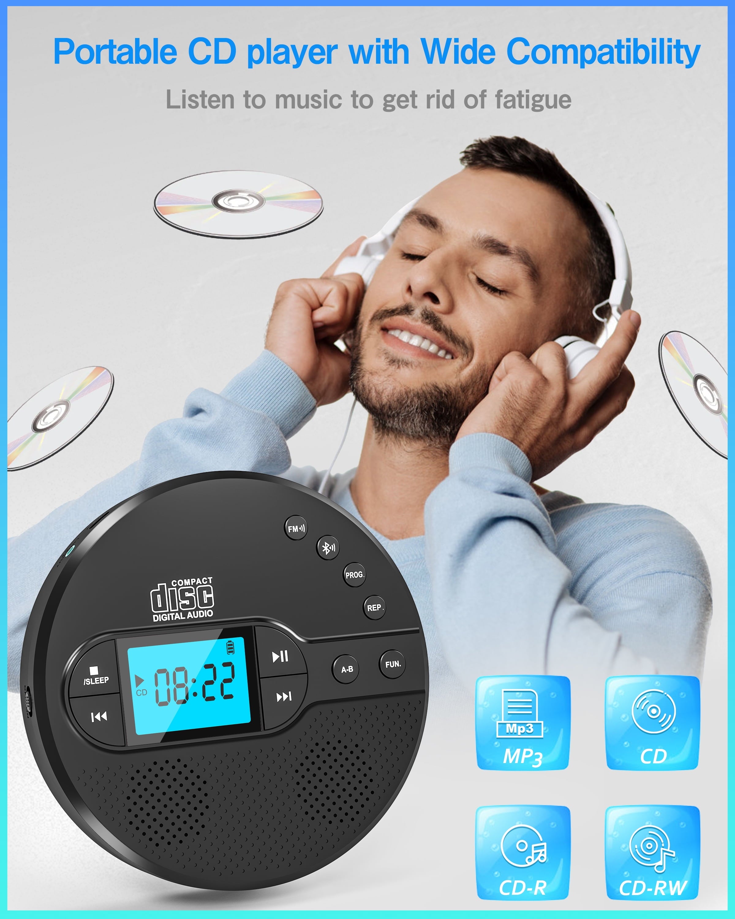 NEW 2025 CD Player Portable with Bluetooth, Greadio 2000mAh Rechargeable Discman CD Player for Car