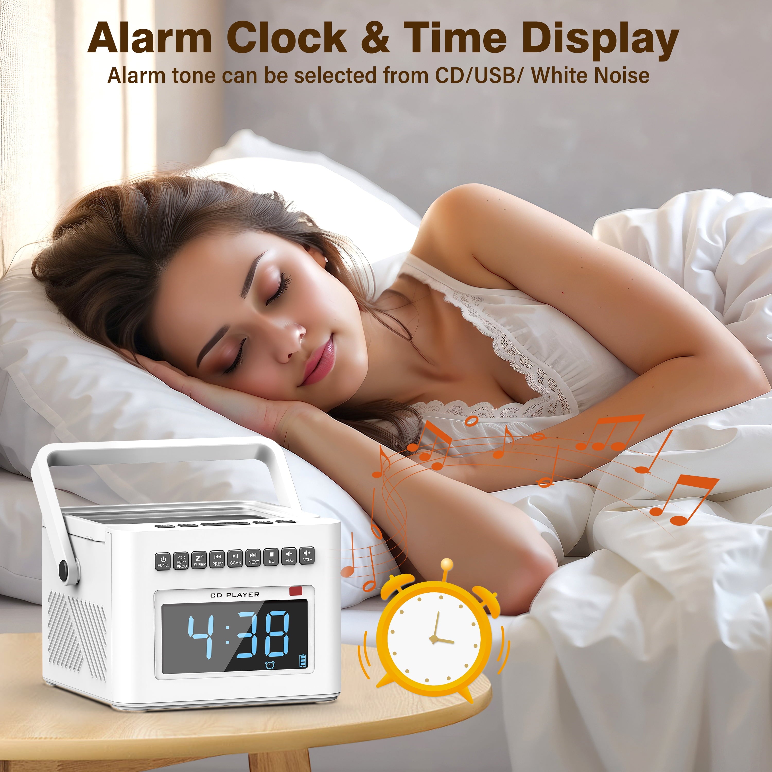 Greadio New 5000mAh Rechargeable CD Player Boombox with Alarm Clock and Time Display, Portable CD Player with Bluetooth Transmitter, Radio CD Player with Remote, AUX/TF/USB for Outdoor, Gift