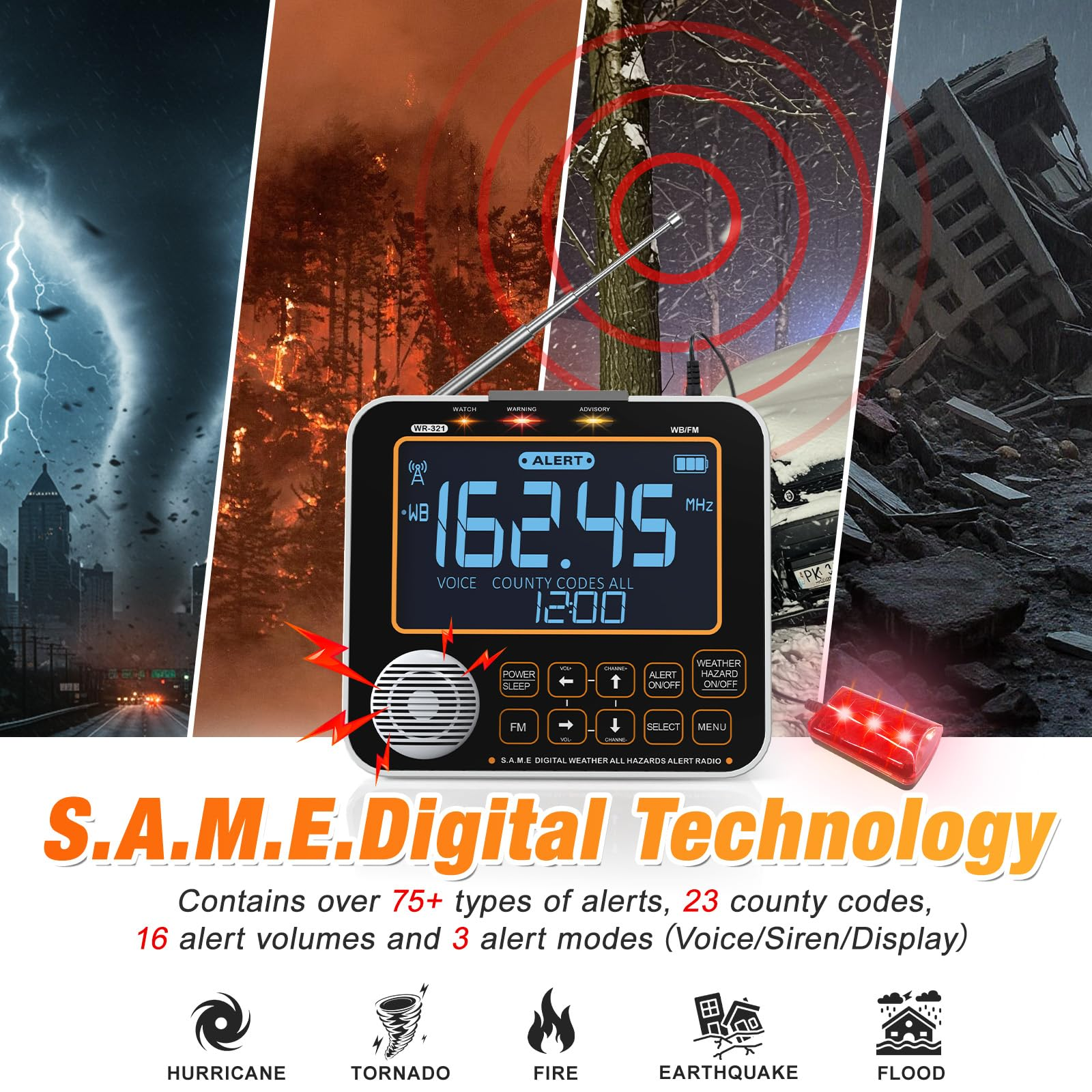 New NOAA Weather Alert Radio, S.A.M.E Localized Alerts, Battery Backup, External Antenna and Warning Light for Home Emergency