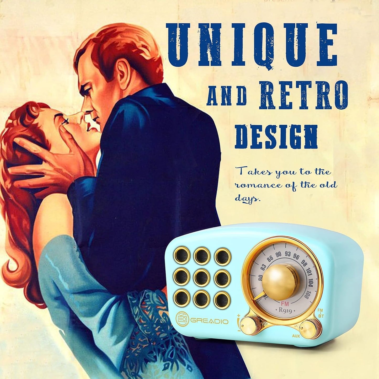 Greadio Retro Bluetooth Speaker, Portable AM/FM Radio, Battery, Volume Control, Blue, 4 Pack