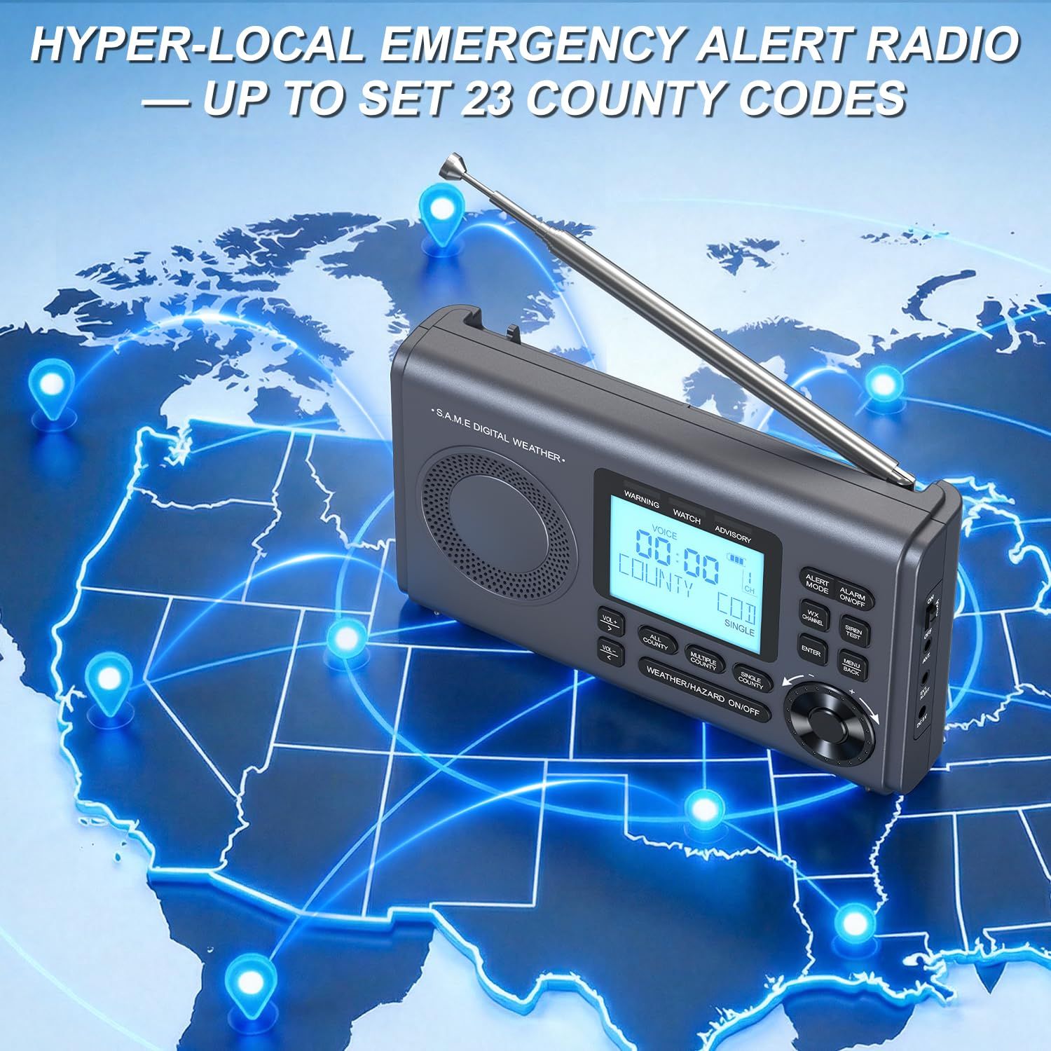 Greadio Weather Alert Radio, S.A.M.E Localized Programming, 23 County Codes & 80+ Emergency Alerts, Battery Backup, Alarm, Selectable Alert Tone, Warning Light for Emergency & Hurricane