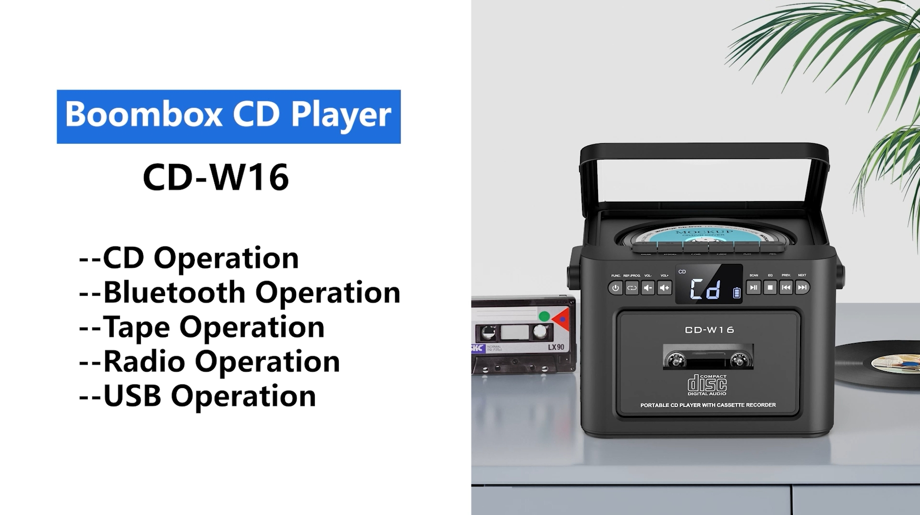 Greadio CD Player Portable Boombox with Type-C Charging Cord & Remote, Cassette Player, Bluetooth 5.1, Black, New 1 Pack