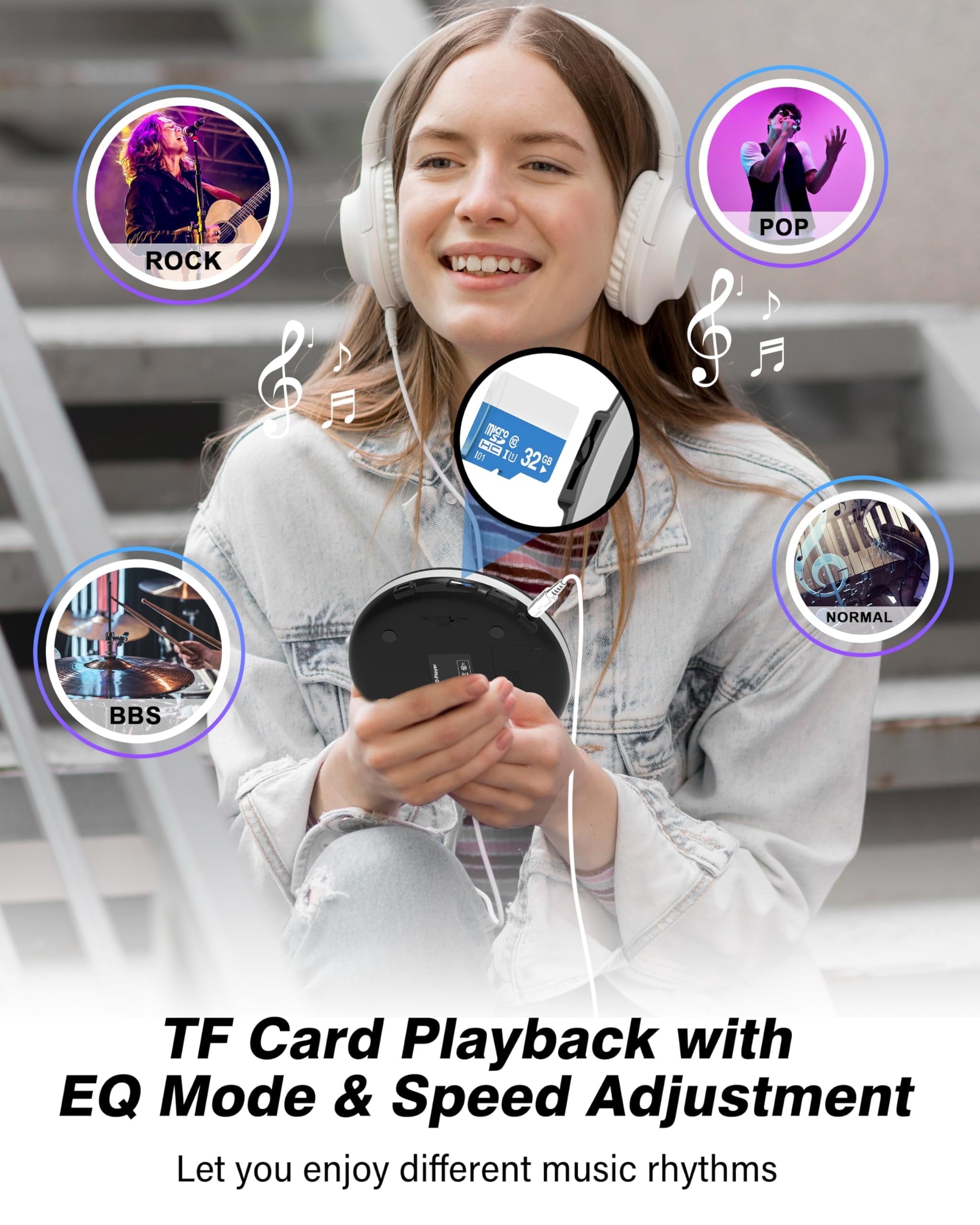 Greadio CD Player for Car, CD Walkman Player Easy to Carry and Use,Portable CD Players for Car, Personal Discman CD Player with Anti-Skip,Aux-Out Cable/TF Slot,2*AA Batteries or Type-C Supply