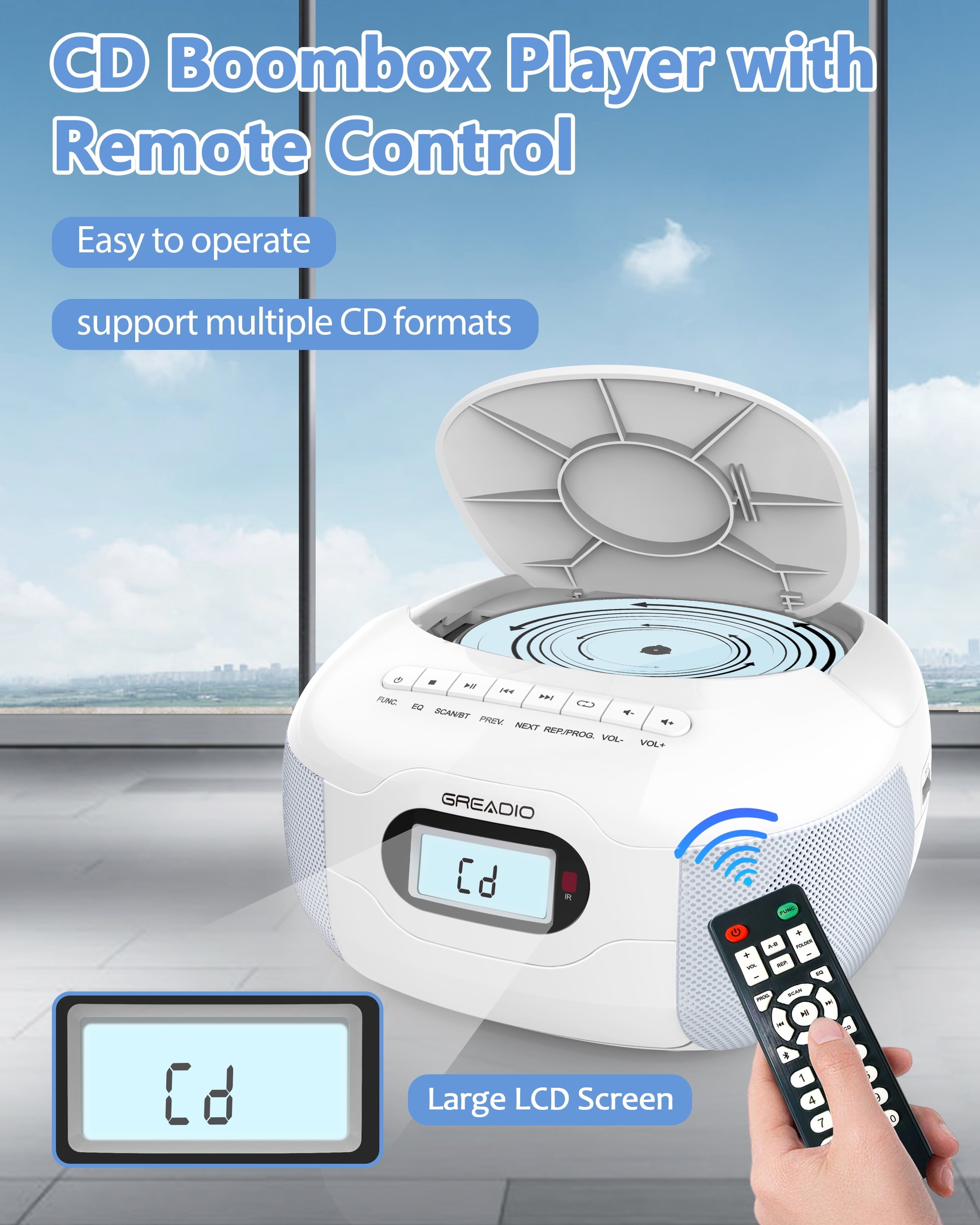 Greadio Boomboxes, CD Boombox, CD Player Boombox, Portable FM Radio CD Player with Bluetooth 5.1, LCD Display, AC Cord/Dry Battery Operation, TF/USB/AUX Port for Home,Senior,Kids