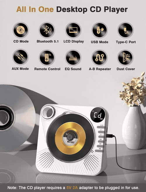 Desktop CD Player Bluetooth with HiFi Dual Speaker, CD Player for Home with Remote Control,Dust Cover,LCD Display,Sleep Timer,EQ Sound,USB/AUX/3.5mm Earphone Jack for Home,Kids,Gift