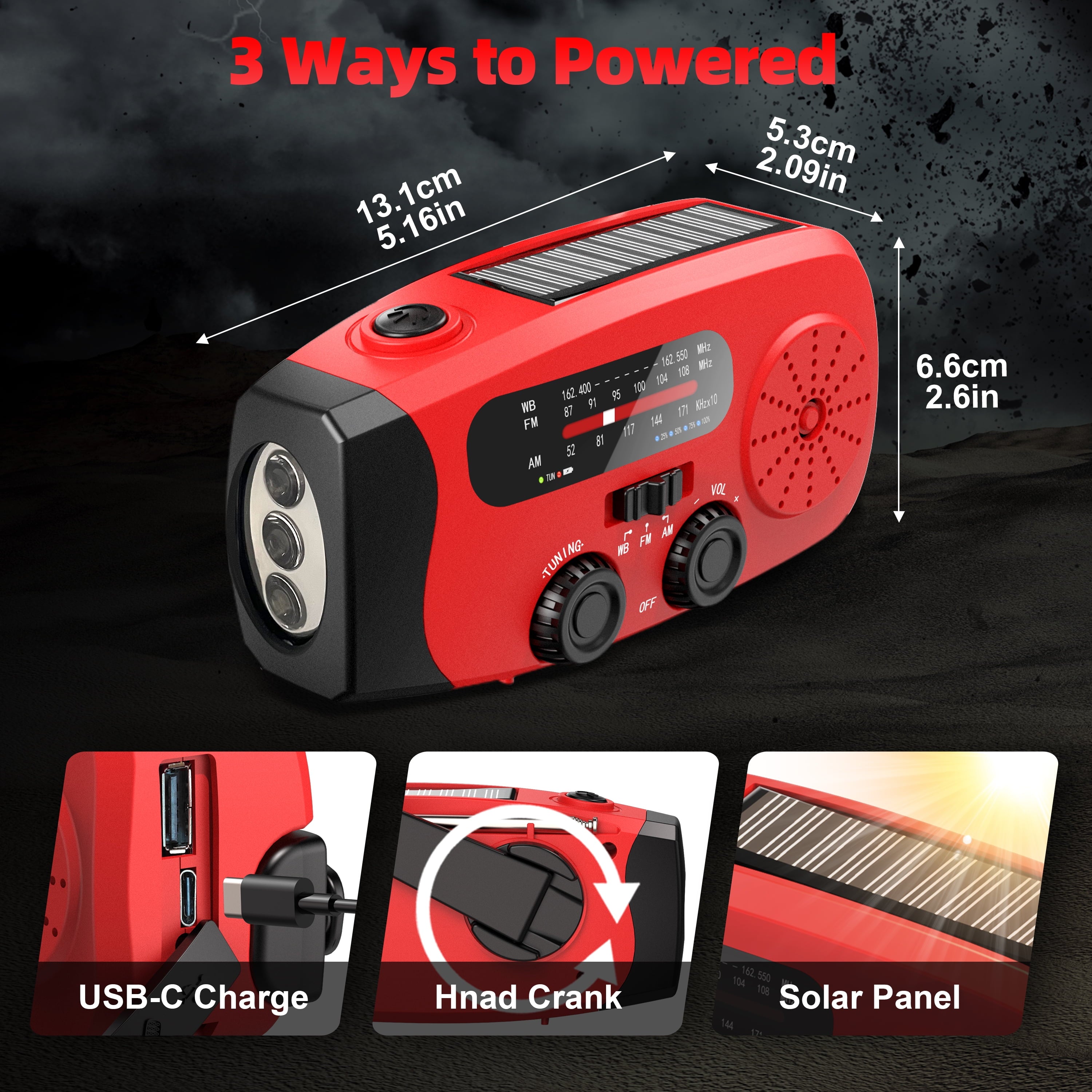 Greadio Emergency Hand Crank Radio,7400mWh AM/FM/NOAA Solar Radio with USB Charged and LED Flashlights for Hurricane