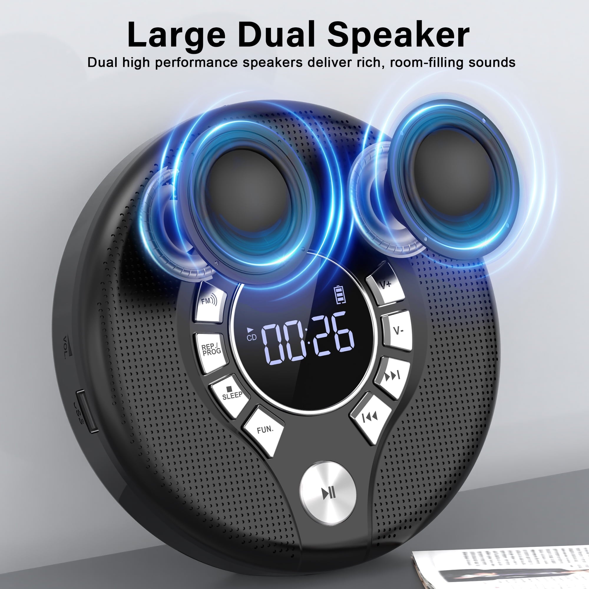 Portable CD Player, Walkman CD Player for Car, Rechargeable CD Player with USB Playback, A-B Repeat CD Player for Kids