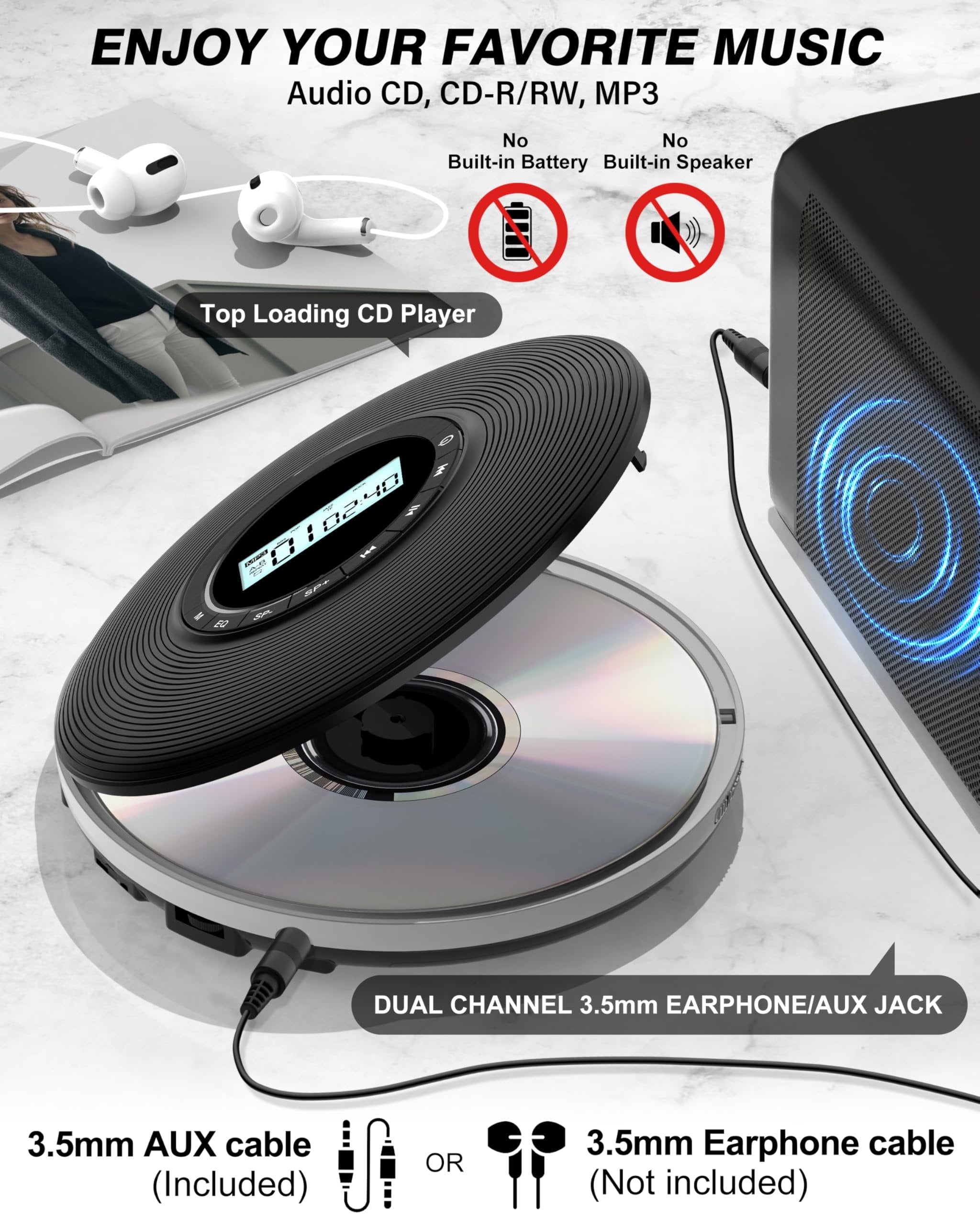 Greadio CD Player for Car, CD Walkman Player Easy to Carry and Use,Portable CD Players for Car, Personal Discman CD Player with Anti-Skip,Aux-Out Cable/TF Slot,2*AA Batteries or Type-C Supply