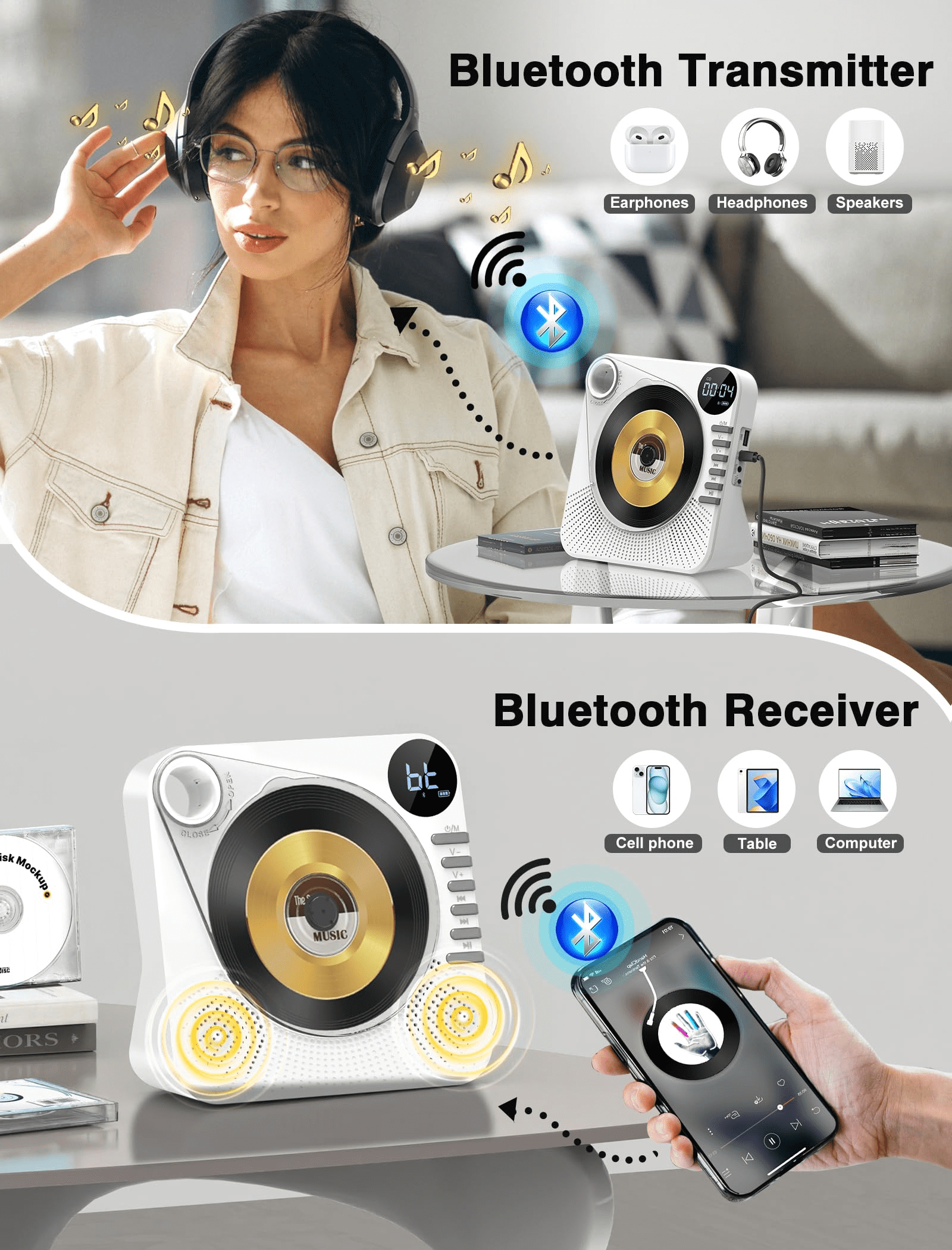 Desktop CD Player Bluetooth with HiFi Dual Speaker, CD Player for Home with Remote Control,Dust Cover,LCD Display,Sleep Timer,EQ Sound,USB/AUX/3.5mm Earphone Jack for Home,Kids,Gift