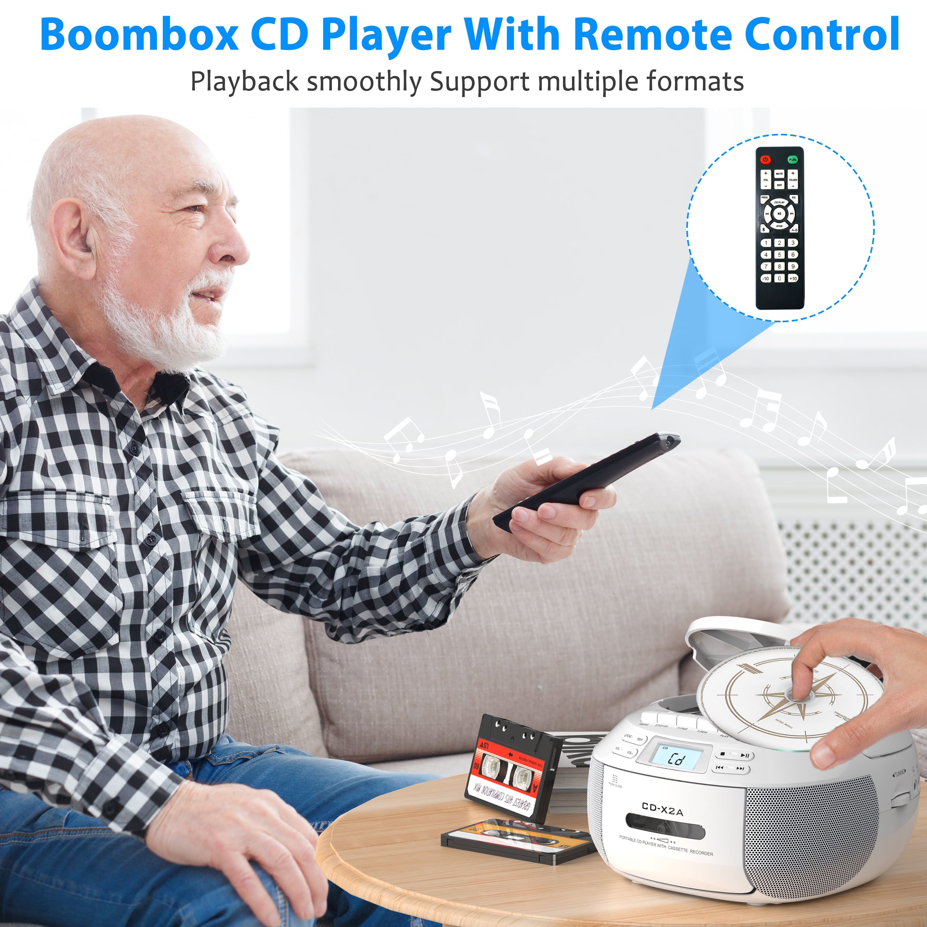 CD Player Boombox Combo with Bluetooth, CD Cassette Player Boombox with Remote, AM/FM Radio, Stereo Sound