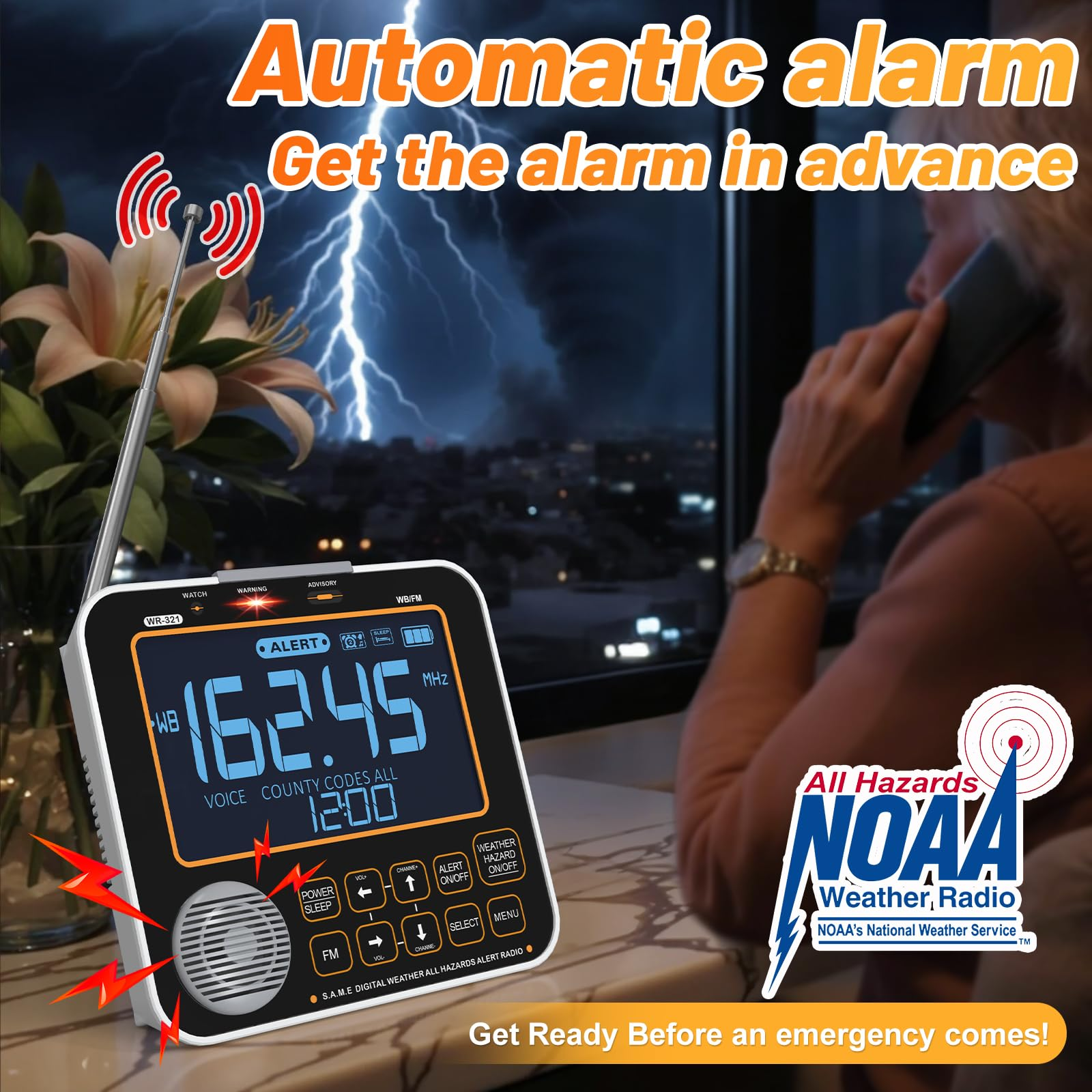 New NOAA Weather Alert Radio, S.A.M.E Localized Alerts, Battery Backup, External Antenna and Warning Light for Home Emergency