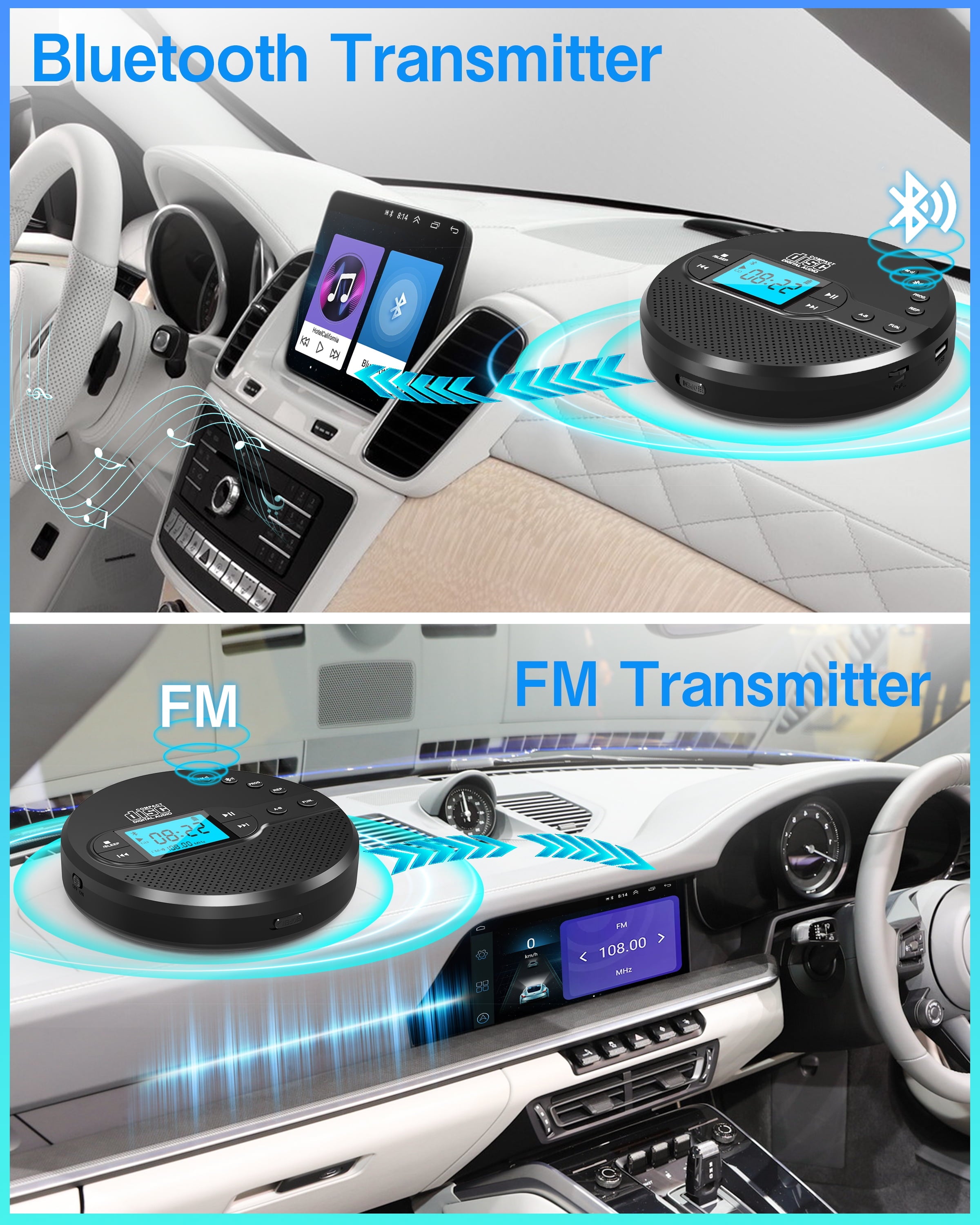 NEW 2025 CD Player Portable with Bluetooth, Greadio 2000mAh Rechargeable Discman CD Player for Car