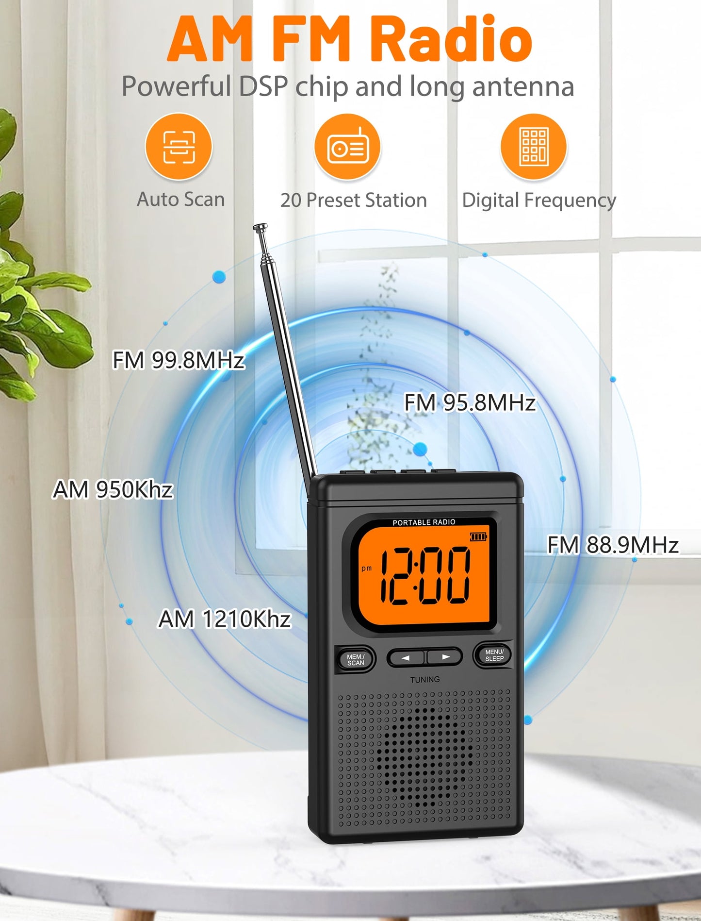 Bluetooth Portable AM FM Radio, Pocket Radio with Digital Tuning, Rechargeable AM FM Radio with Earphone Jack, Flashlight, LCD Screen,
