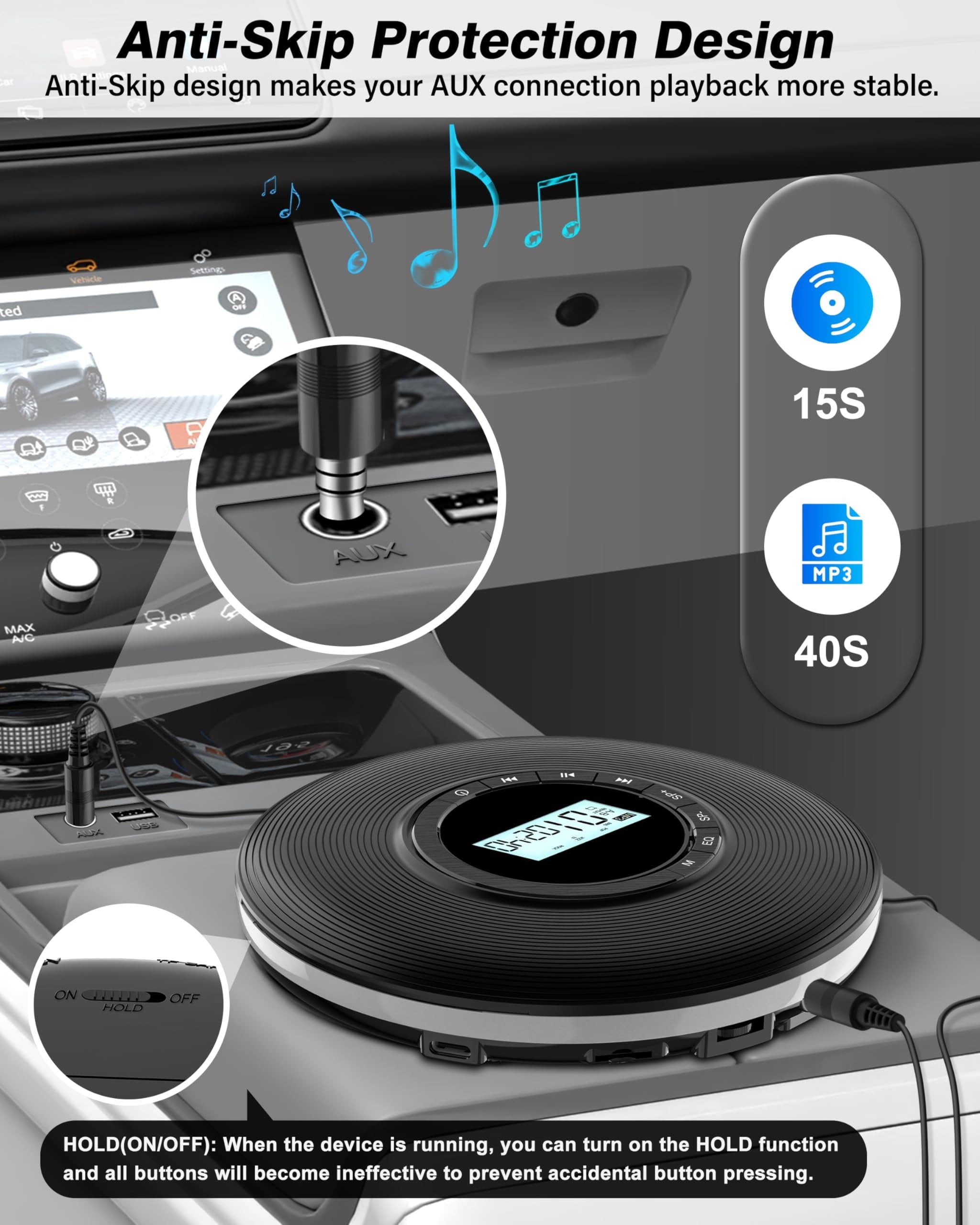 Greadio CD Player for Car, CD Walkman Player Easy to Carry and Use,Portable CD Players for Car, Personal Discman CD Player with Anti-Skip,Aux-Out Cable/TF Slot,2*AA Batteries or Type-C Supply