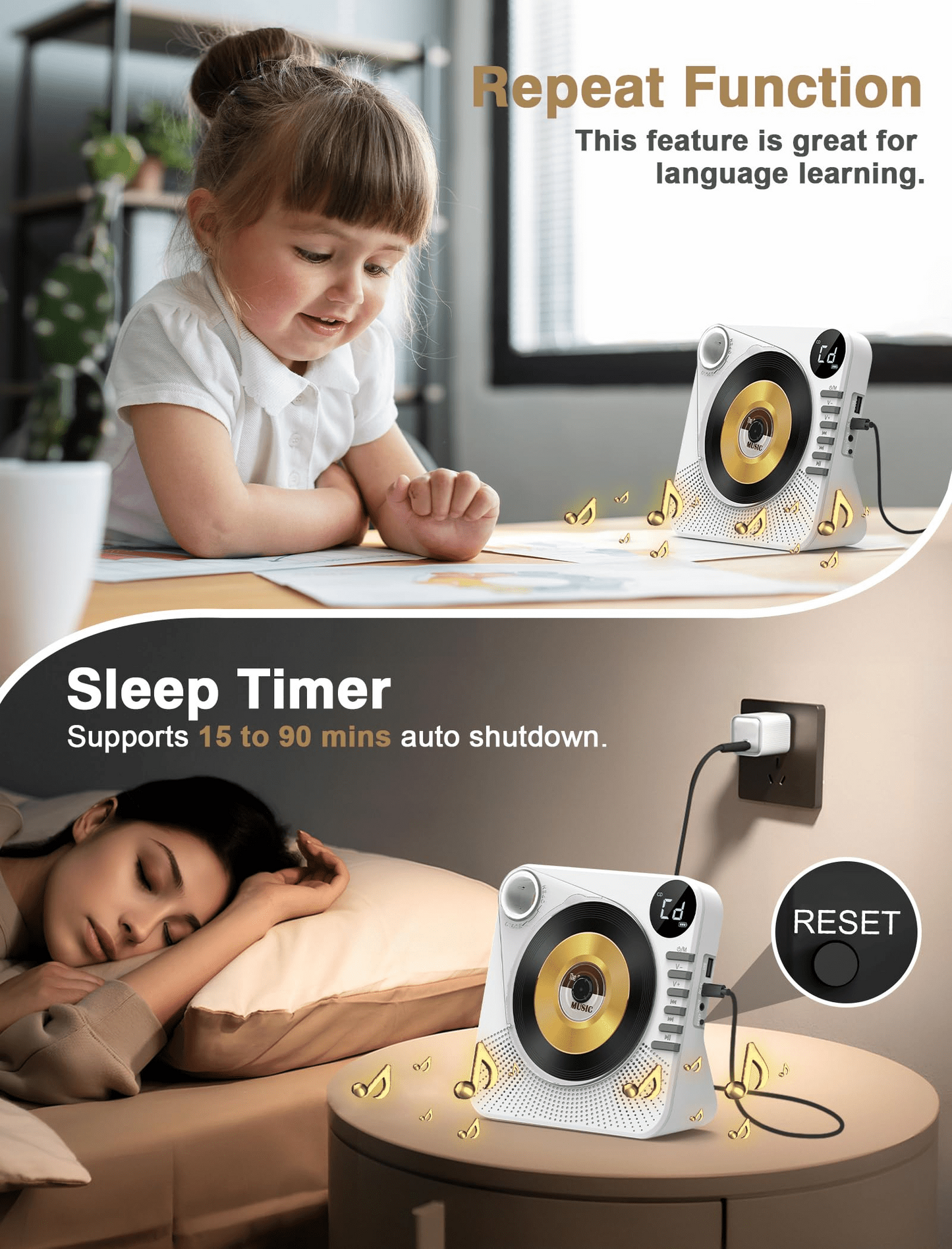 Desktop CD Player Bluetooth with HiFi Dual Speaker, CD Player for Home with Remote Control,Dust Cover,LCD Display,Sleep Timer,EQ Sound,USB/AUX/3.5mm Earphone Jack for Home,Kids,Gift