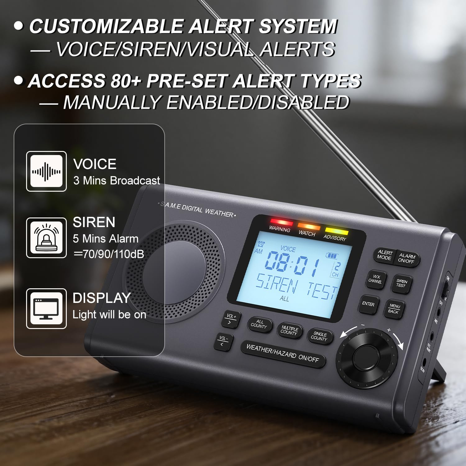 Greadio Weather Alert Radio, S.A.M.E Localized Programming, 23 County Codes & 80+ Emergency Alerts, Battery Backup, Alarm, Selectable Alert Tone, Warning Light for Emergency & Hurricane