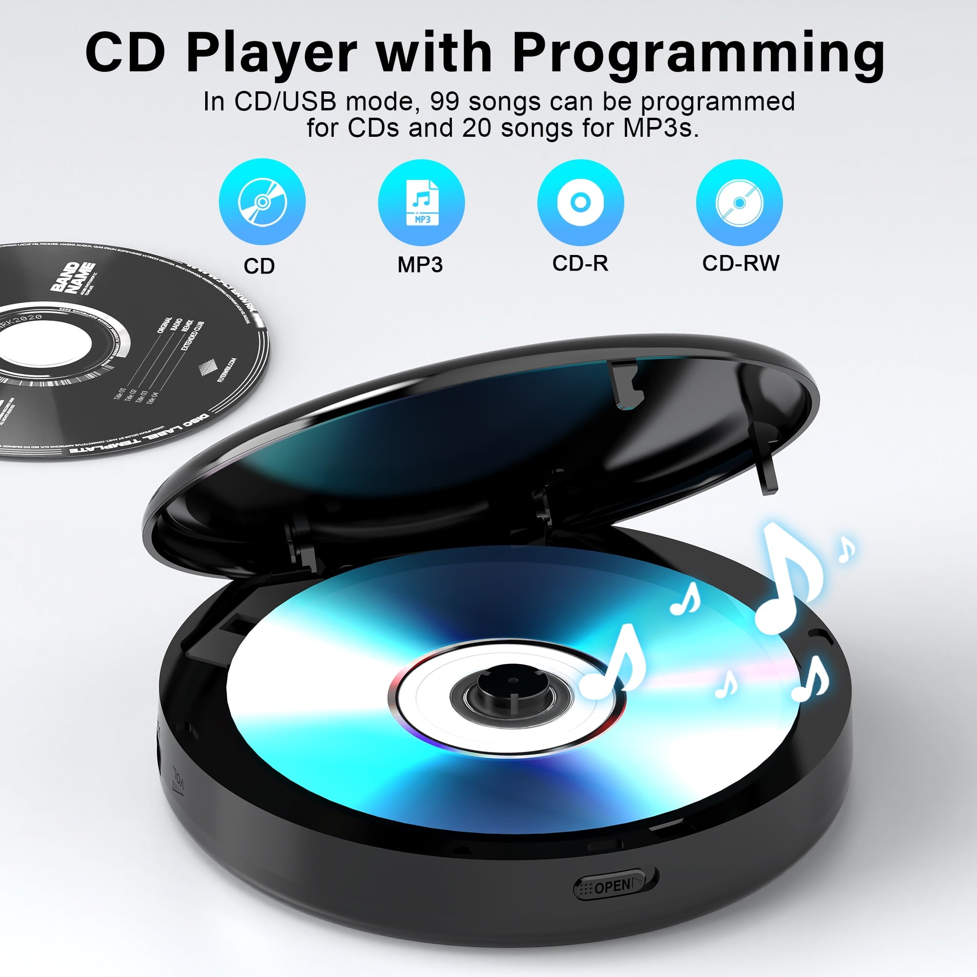 Portable CD Player, Walkman CD Player for Car, Rechargeable CD Player with USB Playback, A-B Repeat CD Player for Kids