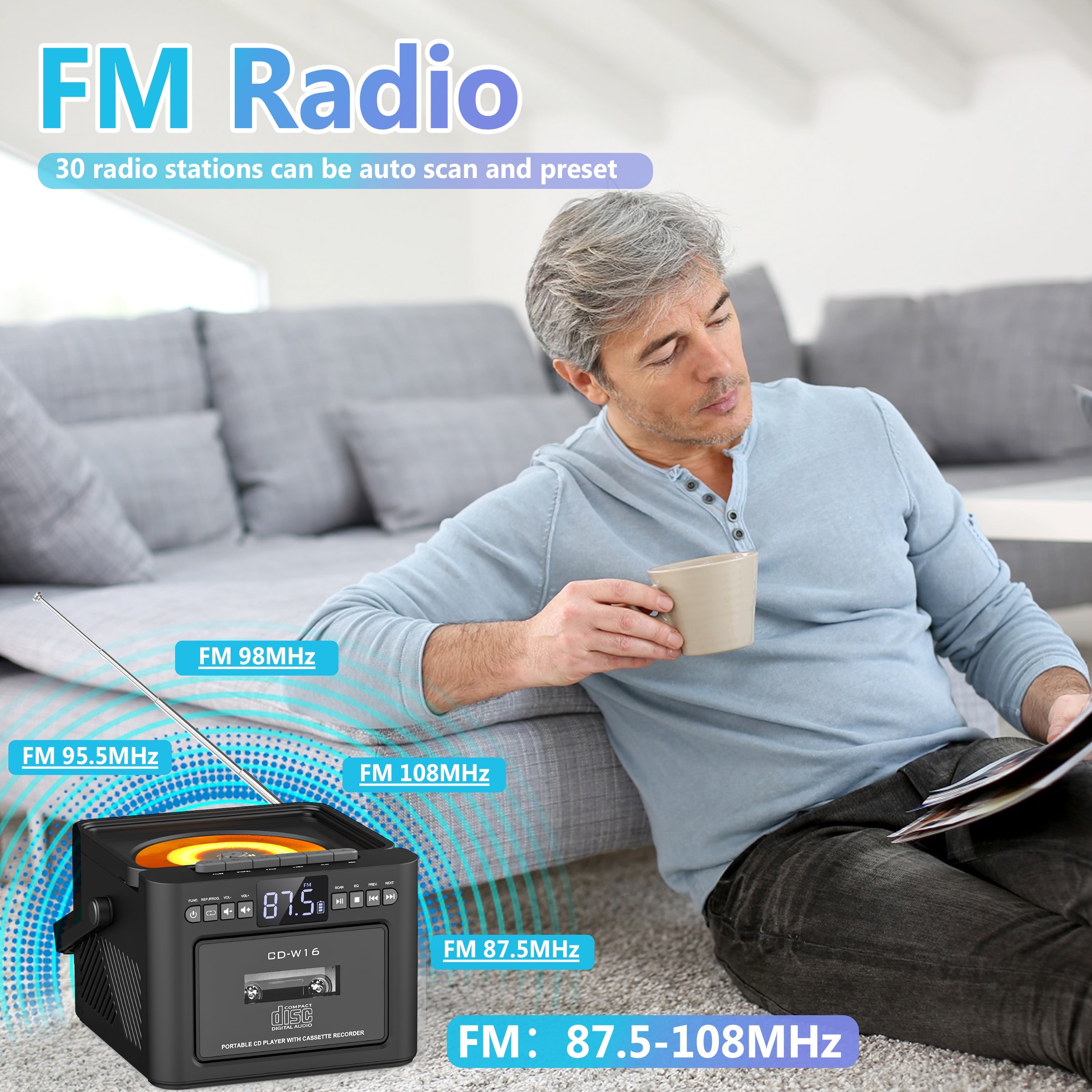 Greadio CD Player Portable Boombox with Type-C Charging Cord & Remote, Cassette Player, Bluetooth 5.1, Black, New 1 Pack