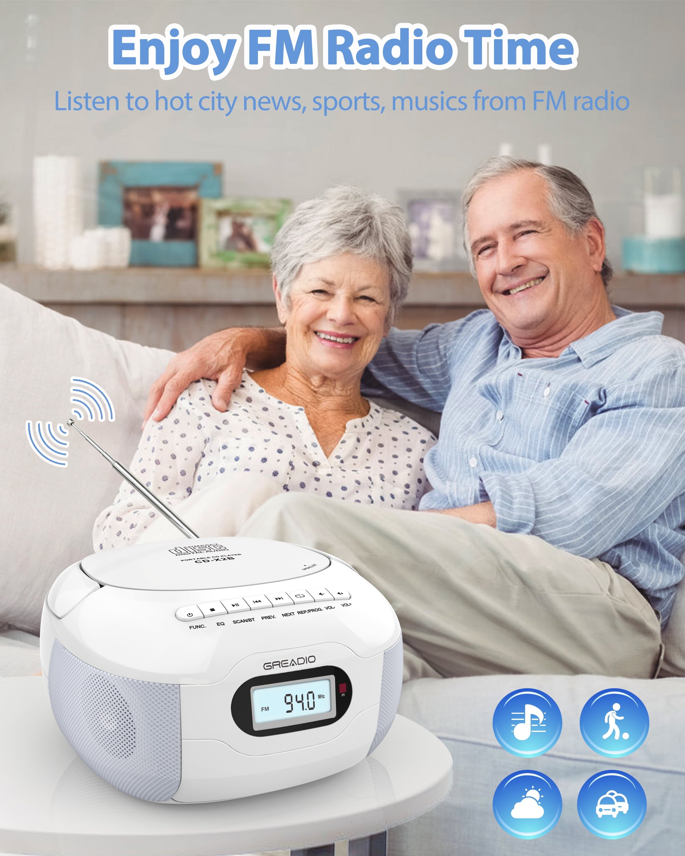 Greadio Boomboxes, CD Boombox, CD Player Boombox, Portable FM Radio CD Player with Bluetooth 5.1, LCD Display, AC Cord/Dry Battery Operation, TF/USB/AUX Port for Home,Senior,Kids