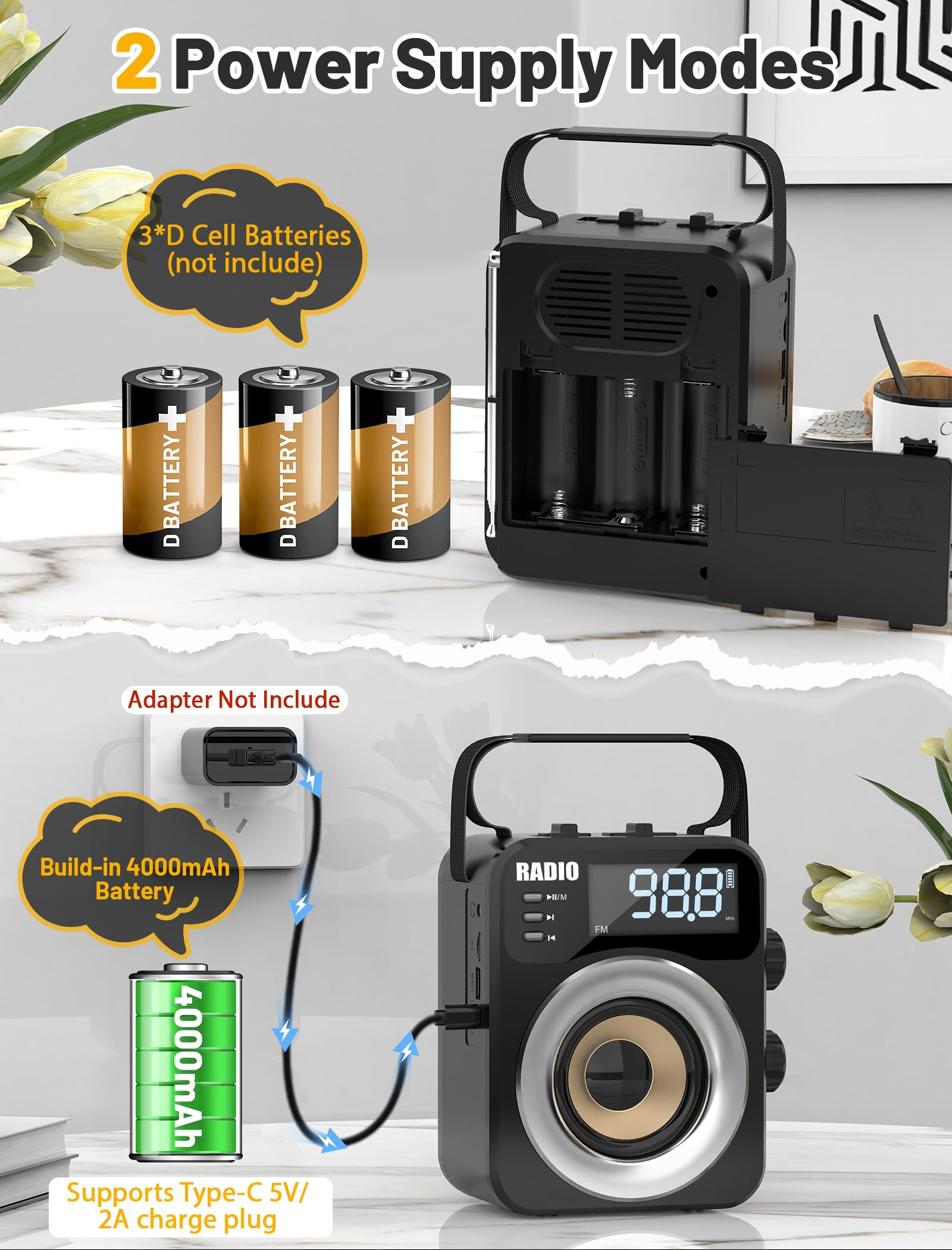 New 2026 Portable Radio AM FM WB SW with NOAA Alert, Bluetooth 5.4 Digital Radio, 4000mAh Rechargeable Battery/DC D*3 Cell Battery Operated, 10W Speaker, USB/TF Playback, LCD Display, Black