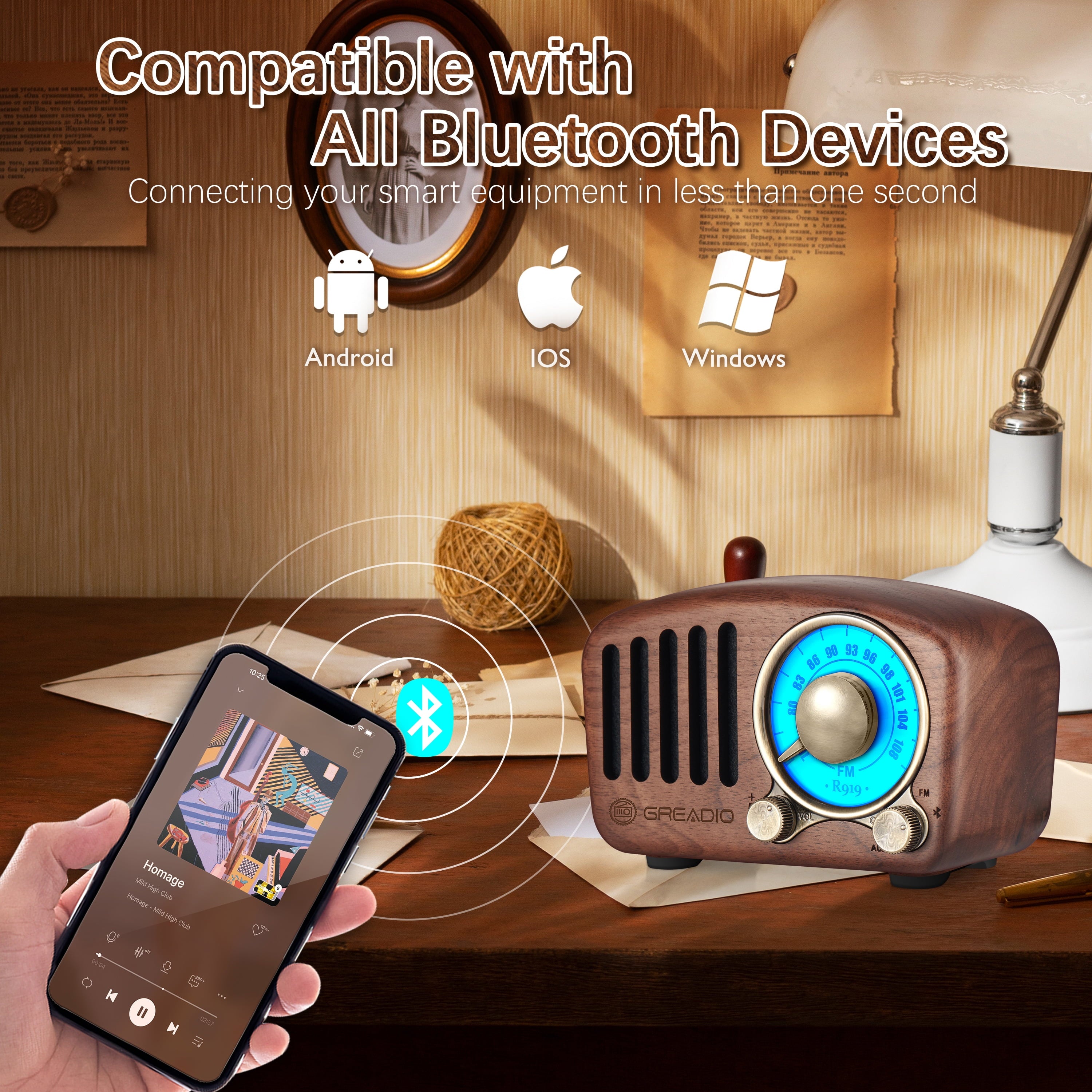 Greadio Portable Vintage Bluetooth Speaker, Retro Radio Speaker