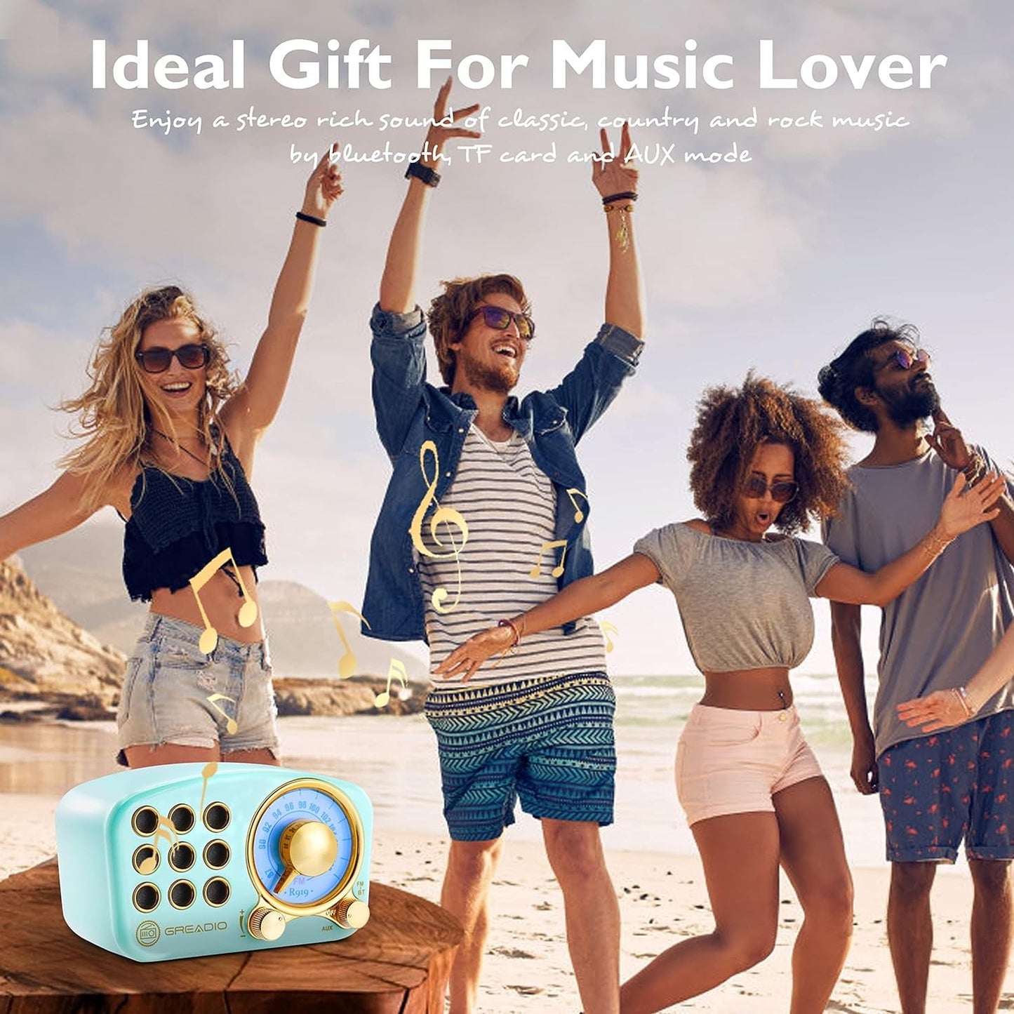 Greadio Retro Bluetooth Speaker, Portable AM/FM Radio, Battery, Volume Control, Blue, 4 Pack