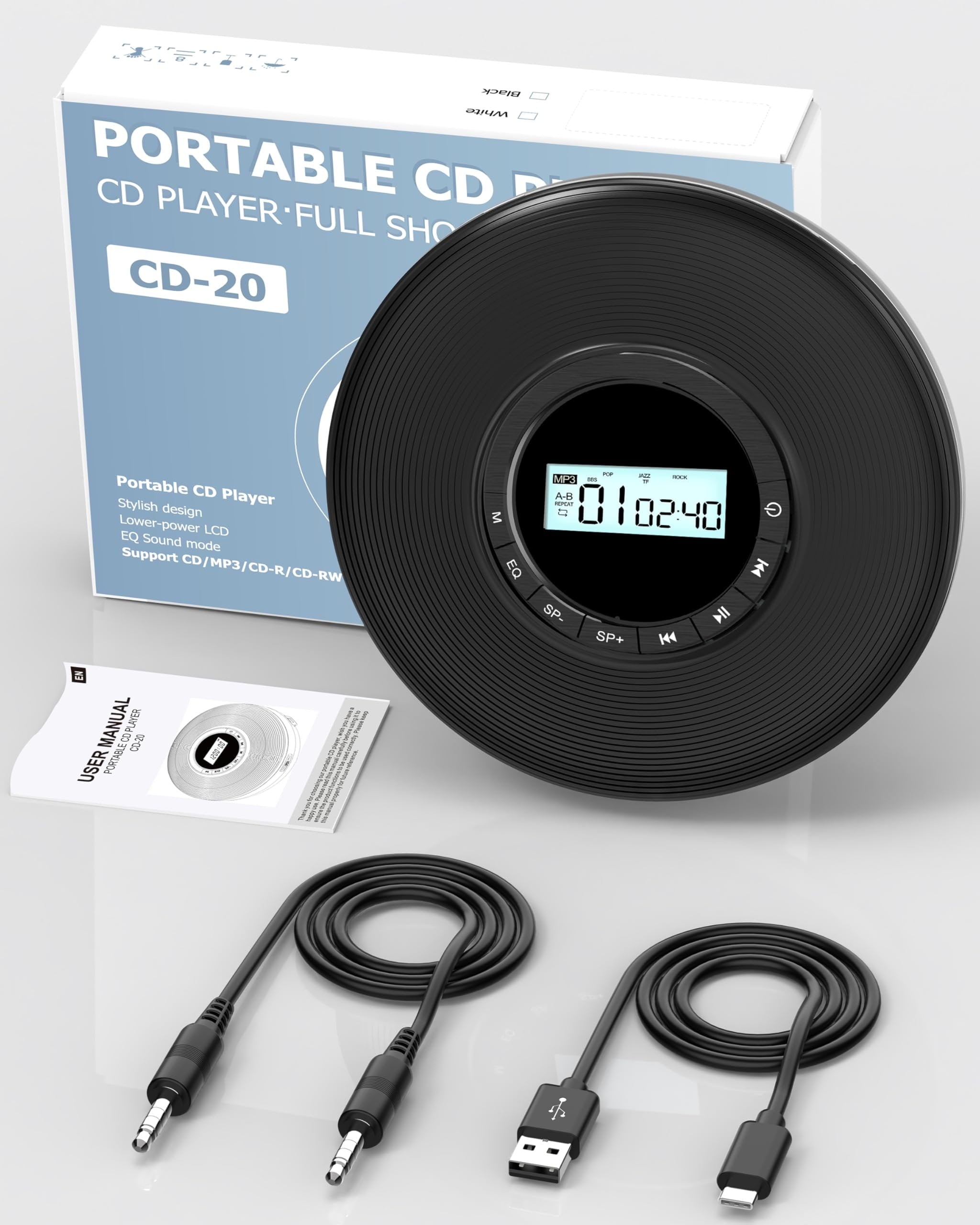 Greadio CD Player for Car, CD Walkman Player Easy to Carry and Use,Portable CD Players for Car, Personal Discman CD Player with Anti-Skip,Aux-Out Cable/TF Slot,2*AA Batteries or Type-C Supply