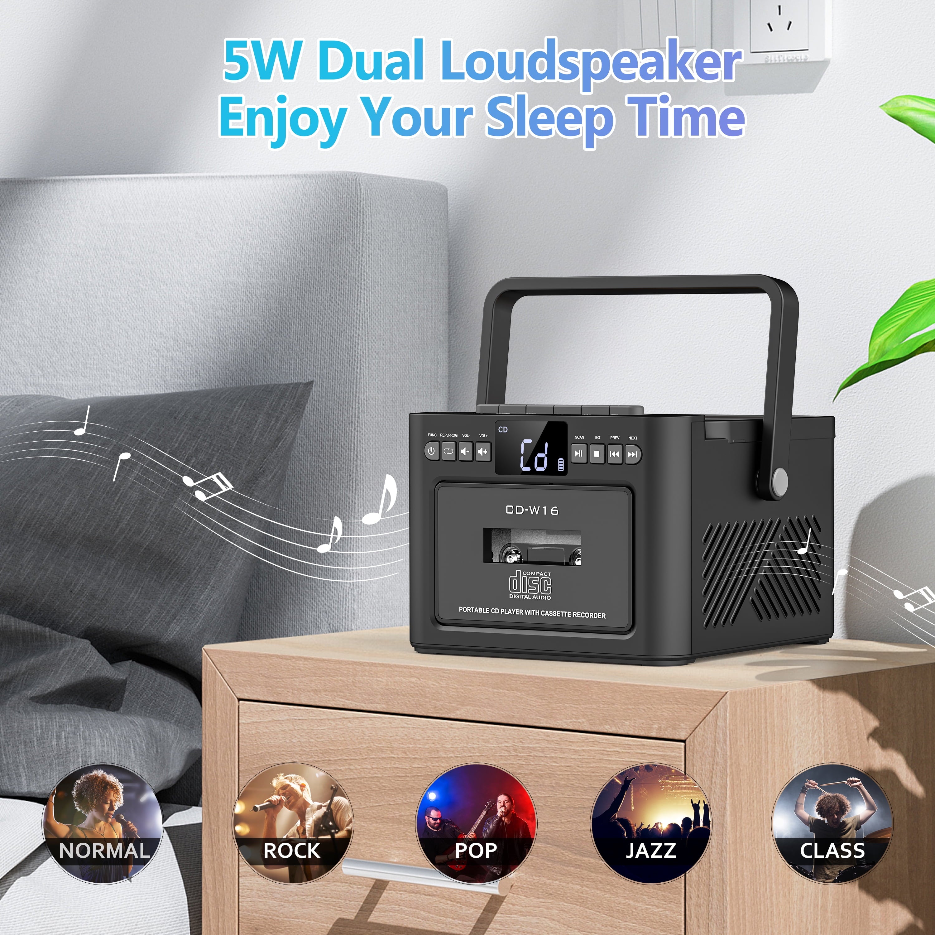 Greadio CD Player Portable Boombox with Type-C Charging Cord & Remote, Cassette Player, Bluetooth 5.1, Black, New 1 Pack