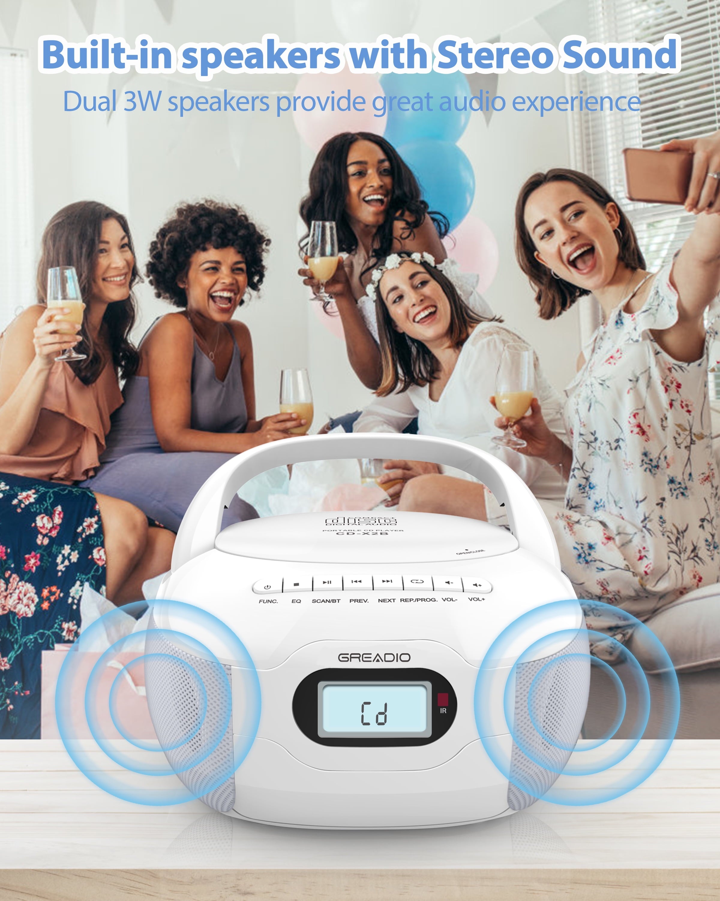 Greadio Boomboxes, CD Boombox, CD Player Boombox, Portable FM Radio CD Player with Bluetooth 5.1, LCD Display, AC Cord/Dry Battery Operation, TF/USB/AUX Port for Home,Senior,Kids