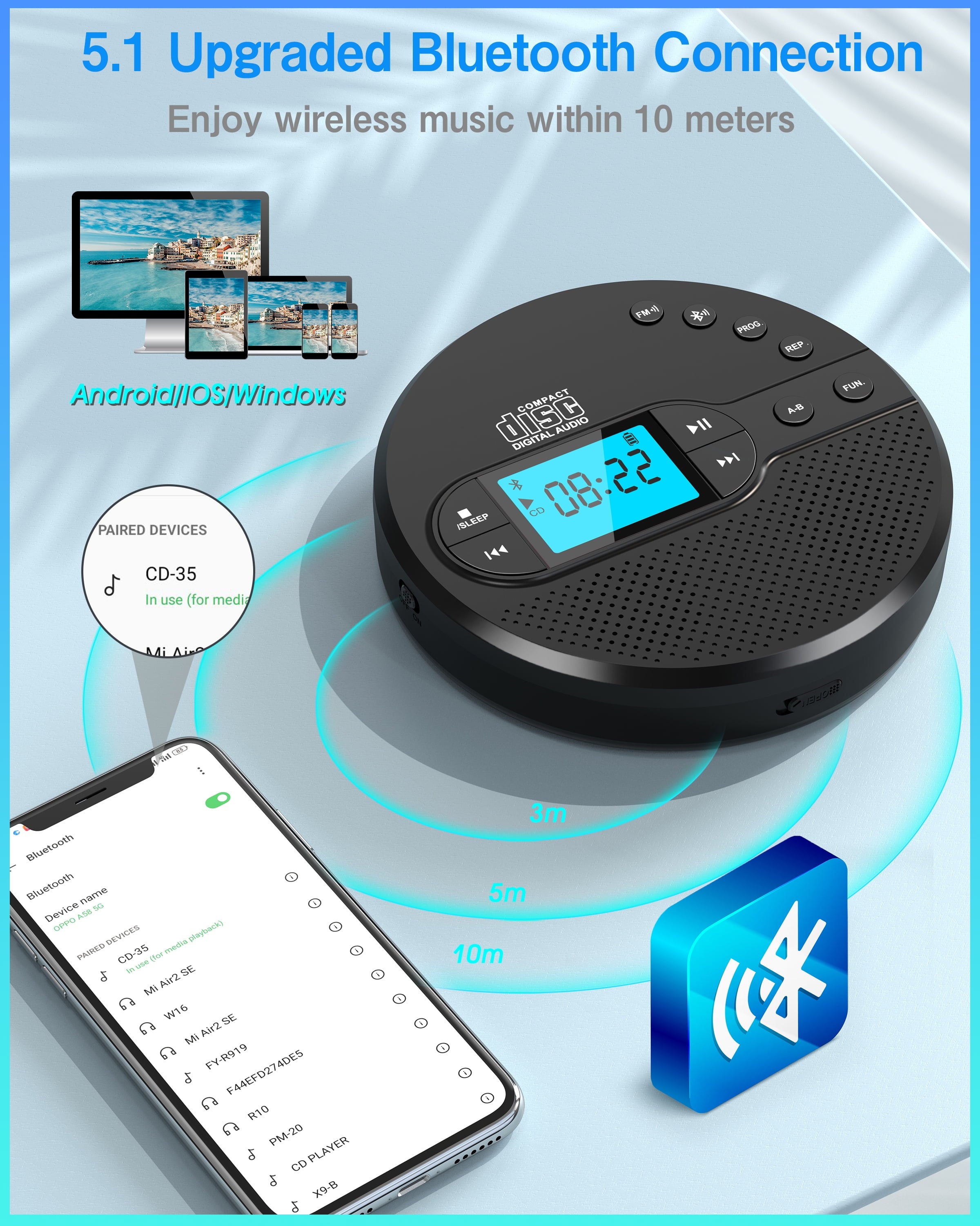 NEW 2025 CD Player Portable with Bluetooth, Greadio 2000mAh Rechargeable Discman CD Player for Car