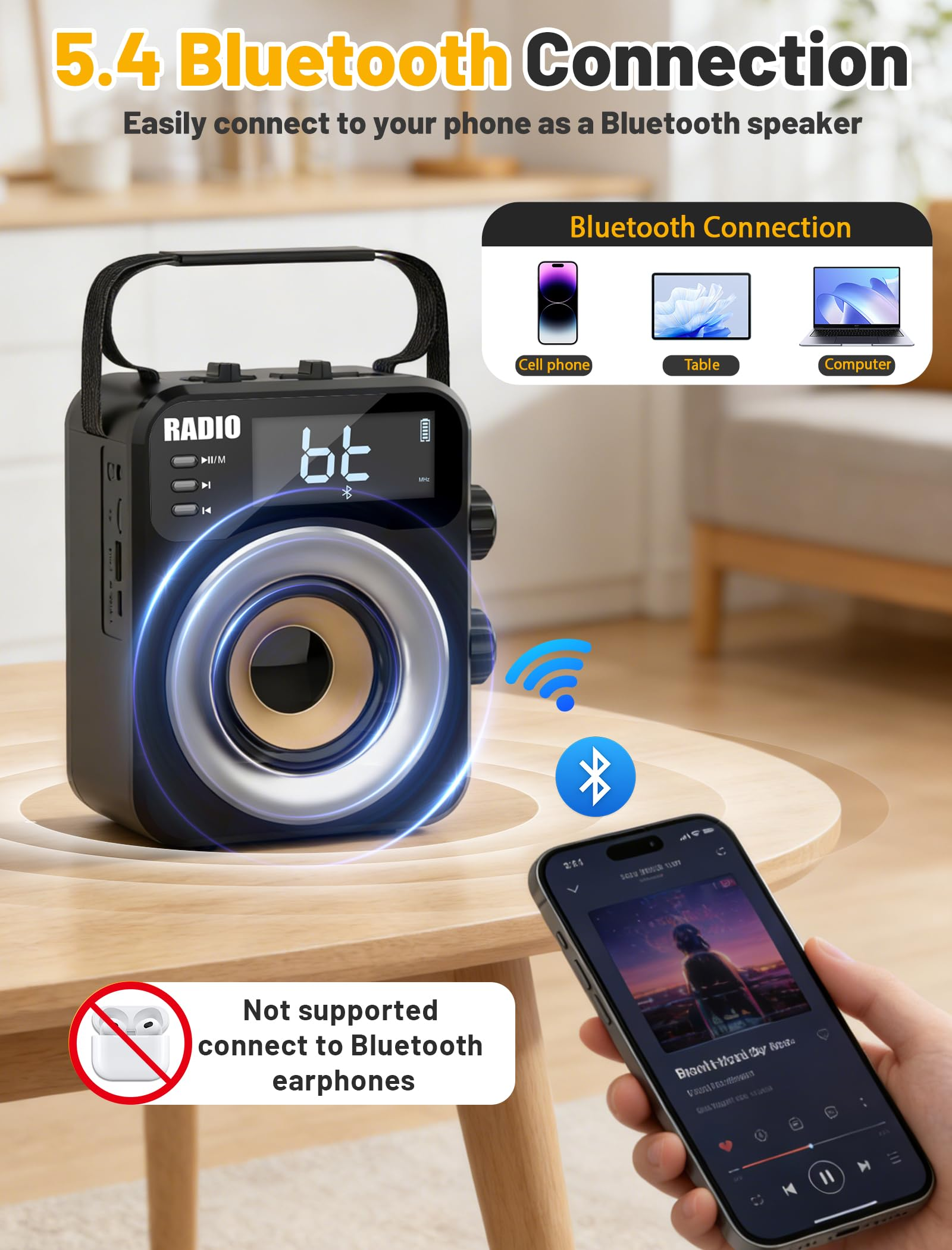 New 2026 Portable Radio AM FM WB SW with NOAA Alert, Bluetooth 5.4 Digital Radio, 4000mAh Rechargeable Battery/DC D*3 Cell Battery Operated, 10W Speaker, USB/TF Playback, LCD Display, Black