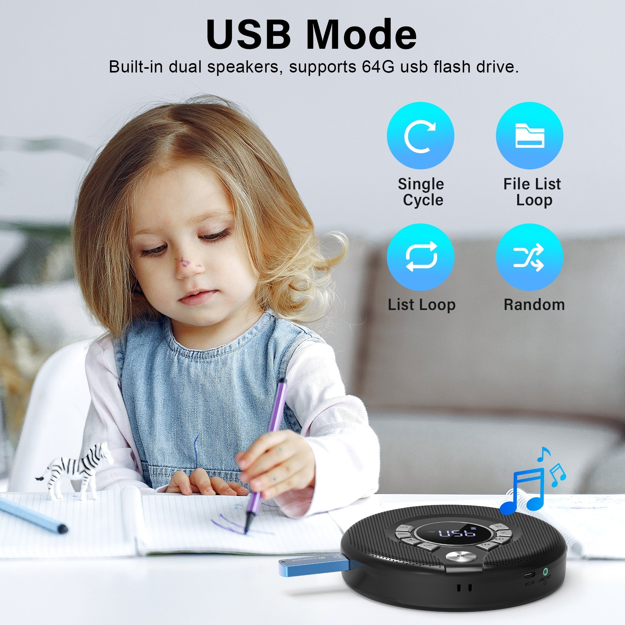 Portable CD Player, Walkman CD Player for Car, Rechargeable CD Player with USB Playback, A-B Repeat CD Player for Kids