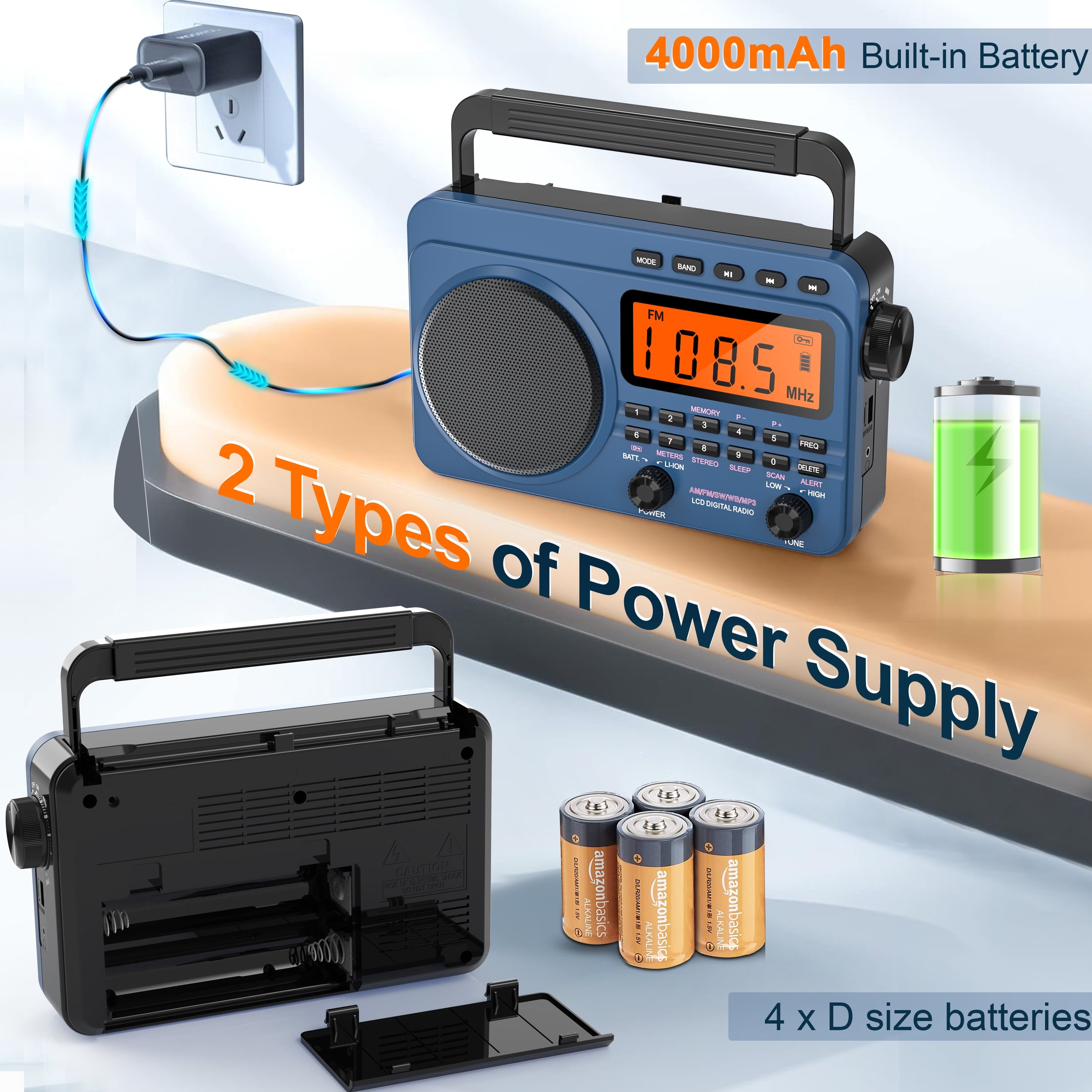 Greadio Portable AM FM Radio, Weather Radio with 4000mAh Rechargeable battery for Outside, Home