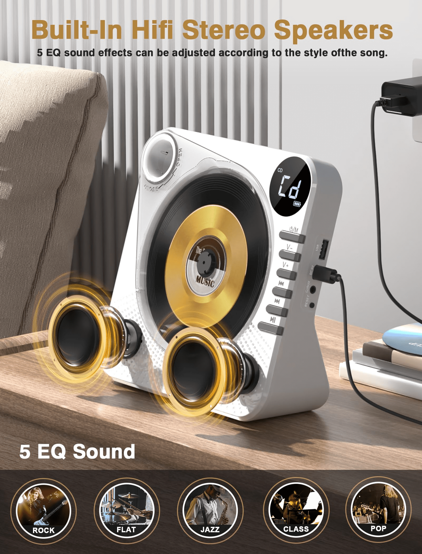 Desktop CD Player Bluetooth with HiFi Dual Speaker, CD Player for Home with Remote Control,Dust Cover,LCD Display,Sleep Timer,EQ Sound,USB/AUX/3.5mm Earphone Jack for Home,Kids,Gift