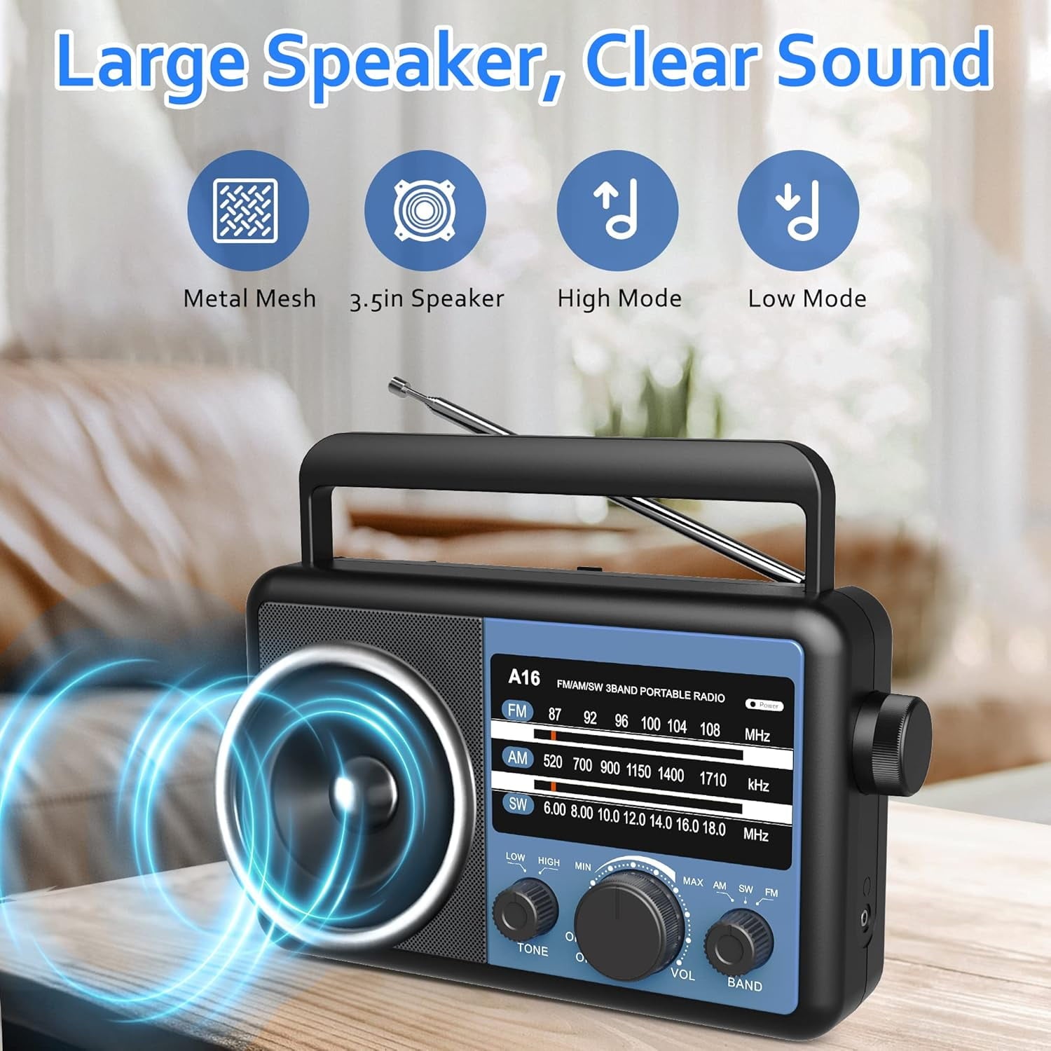 Greadio AM FM Radio with Big Knob, FM Radio Ease for Use, Battery Powered Portable Shortwave Radio with Integrated Speakers, AM FM Radio & AC Power Cord, Blue