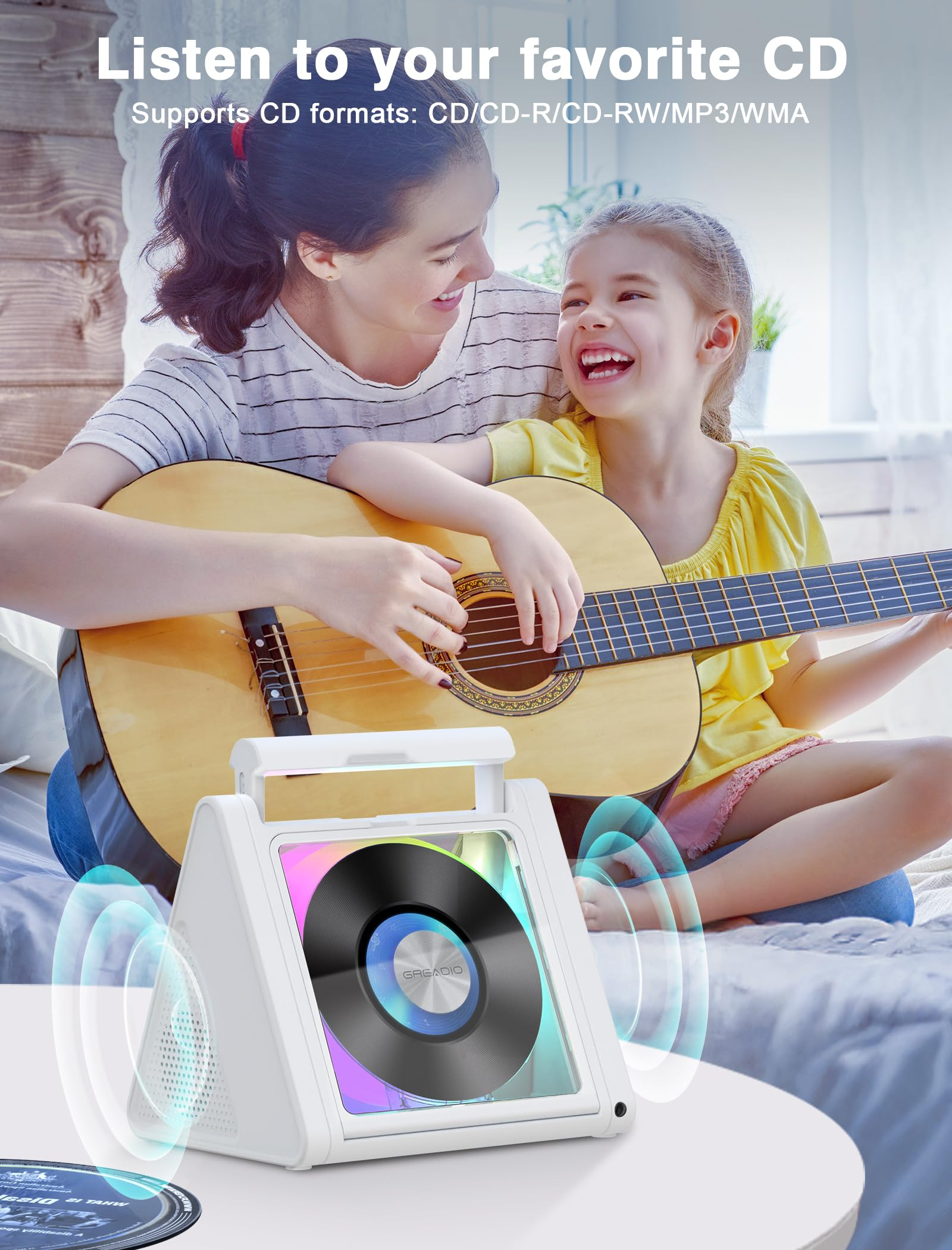 Greadio Portable CD Player with 20W Speaker, 4000mAh Rechargeable Bluetooth CD Player with Battery,Triangle Design Speaker with Remote Control