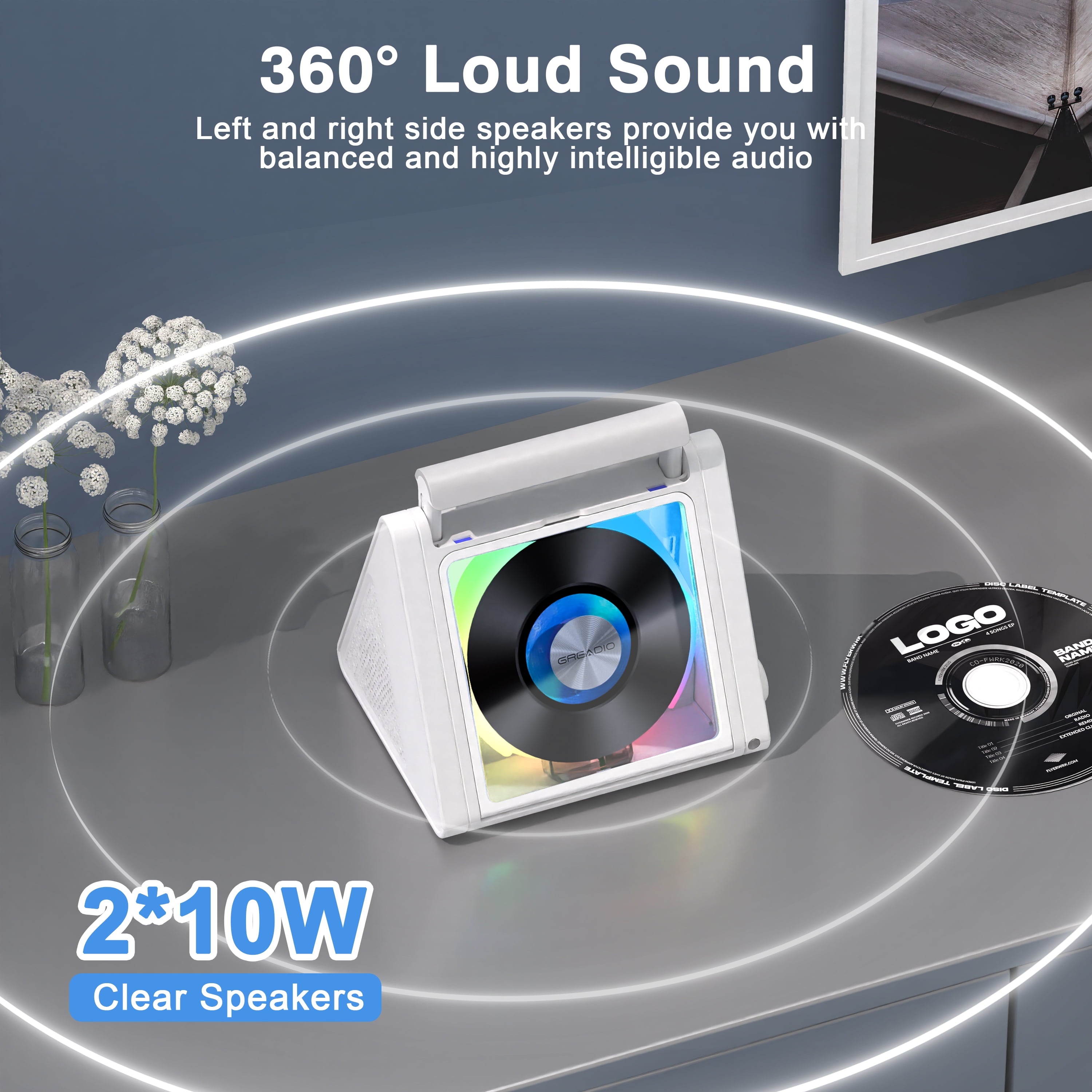 Greadio Portable CD Player with 20W Speaker, 4000mAh Rechargeable Bluetooth CD Player with Battery,Triangle Design Speaker with Remote Control